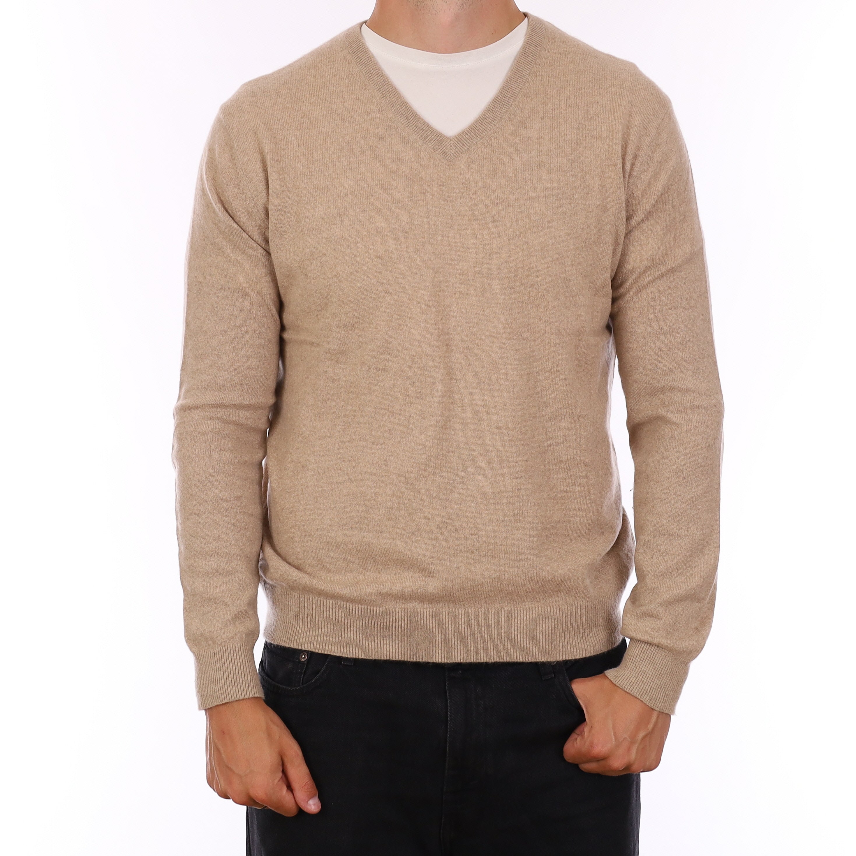 Men's Biscuit Beige Cashmere V Neck Jumper XL