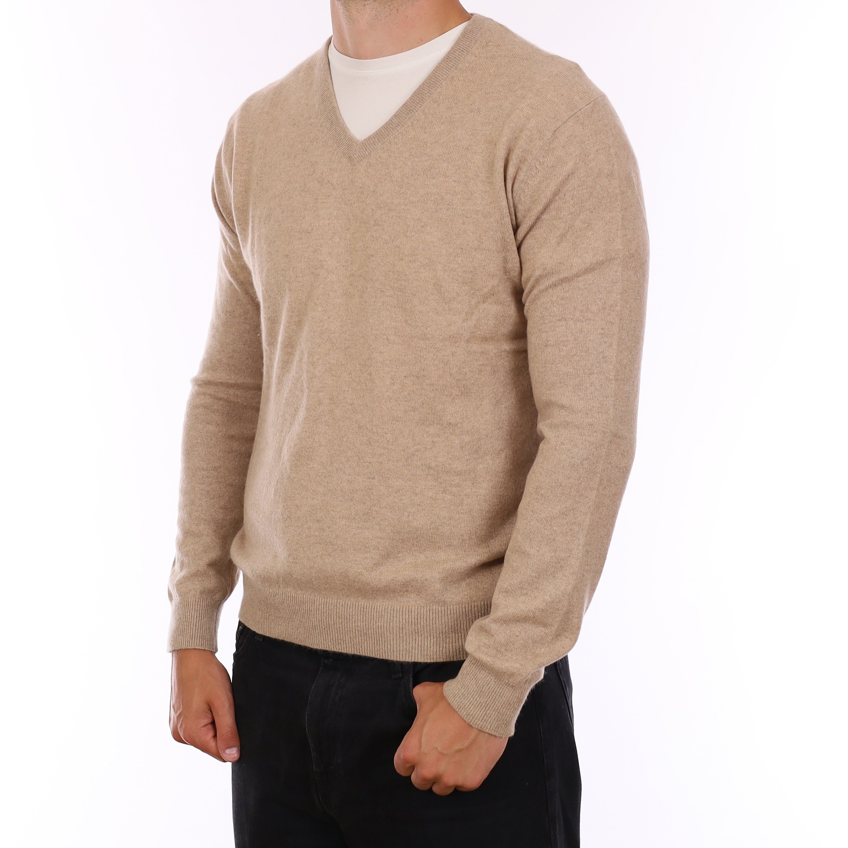 Men's Biscuit Beige Cashmere V Neck Jumper XL