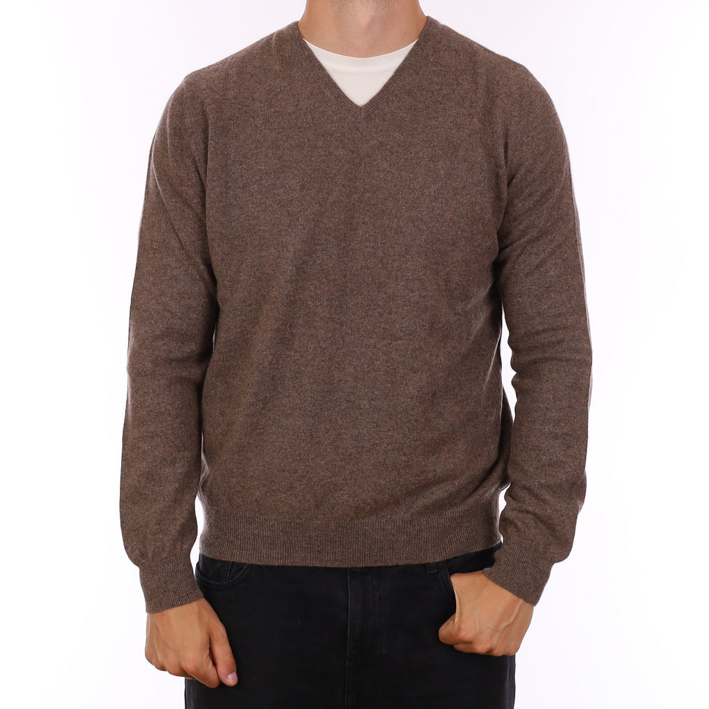 Men's Mushroom Brown Cashmere V Neck Jumper XL