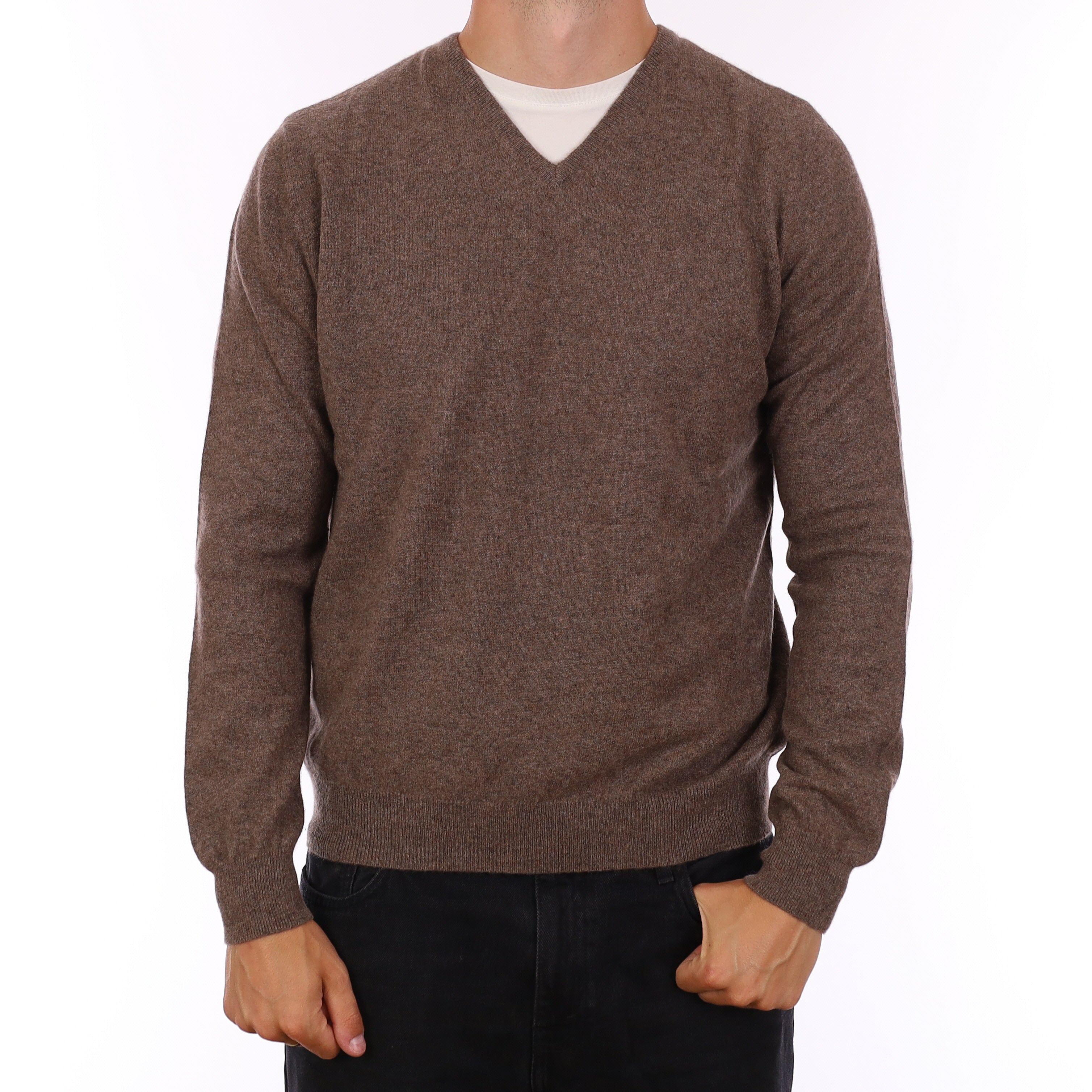 Men's Mushroom Brown Cashmere V Neck Jumper XL