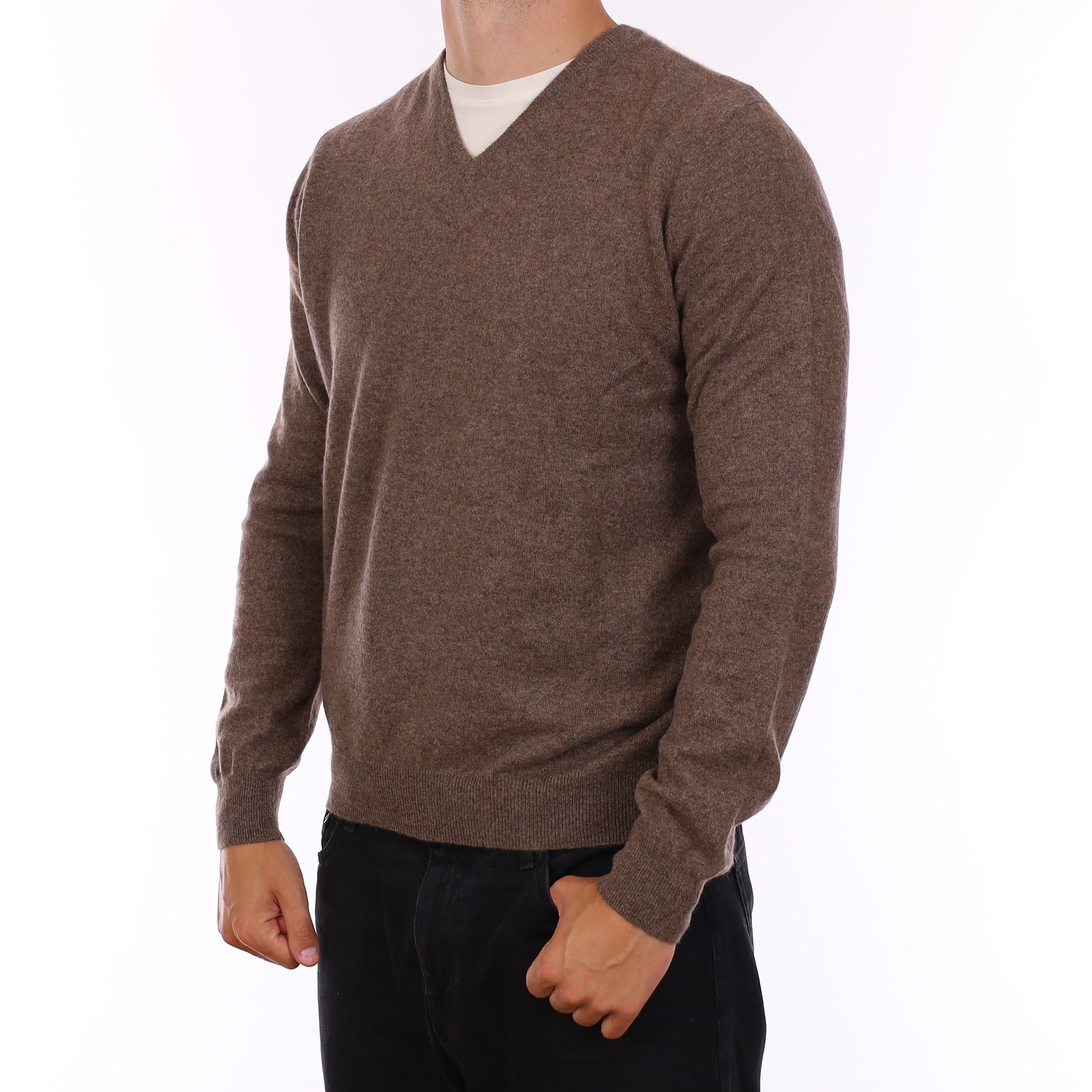 Men's Mushroom Brown Cashmere V Neck Jumper XL