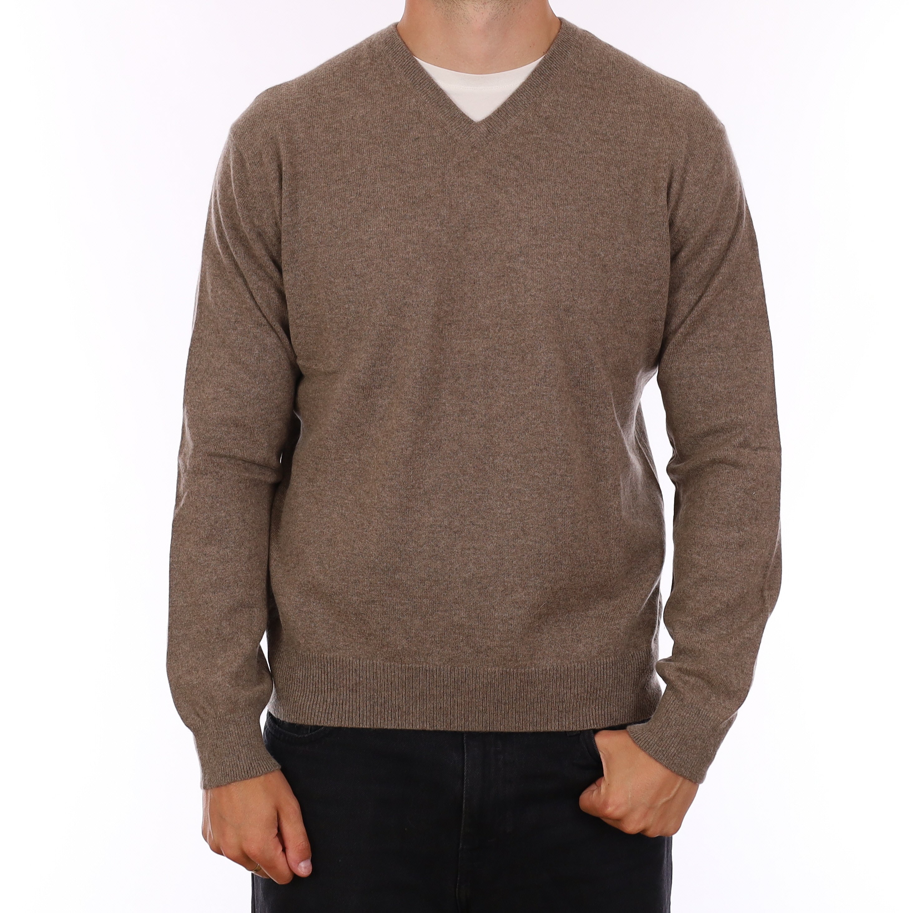 Men's Taupe Brown Cashmere V Neck Jumper XL