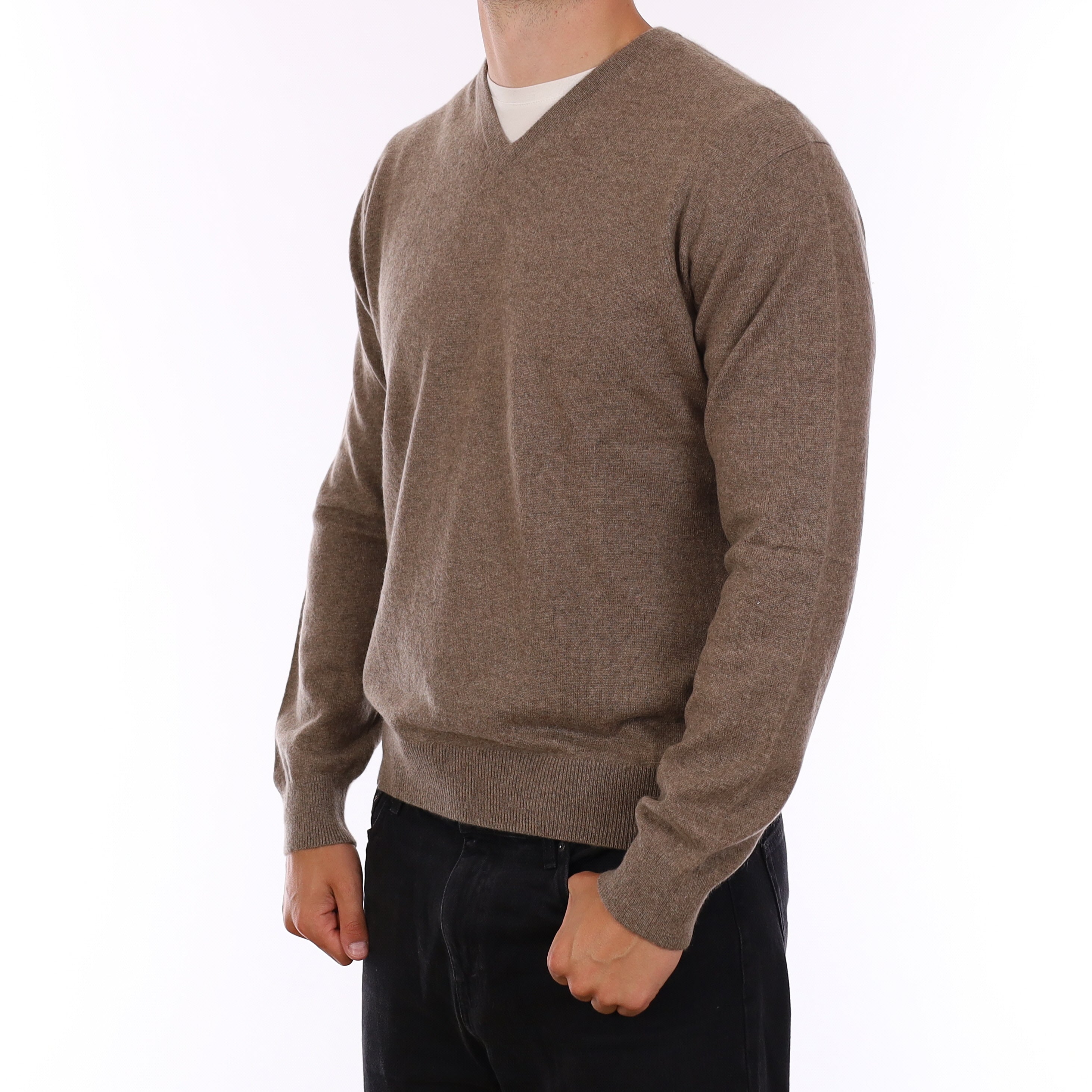 Men's Taupe Brown Cashmere V Neck Jumper XL