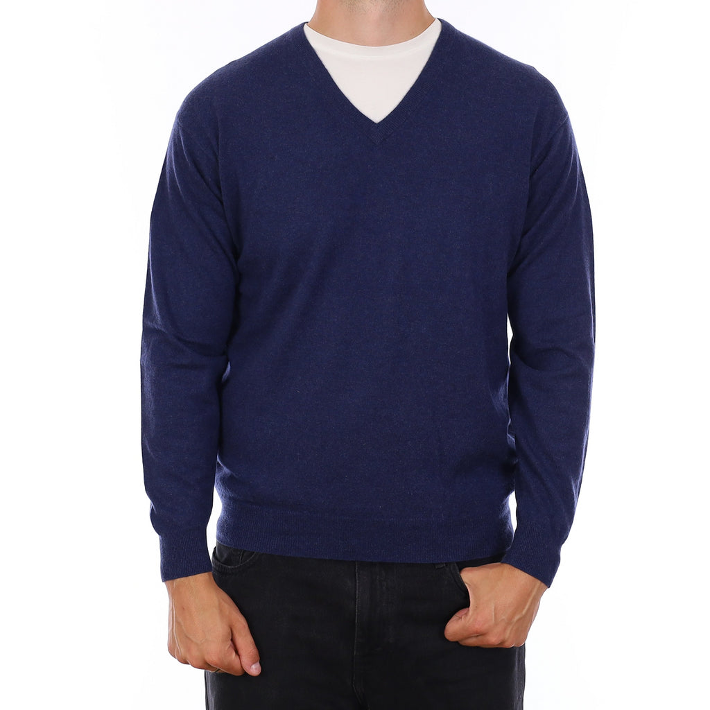 Men's Naval Blue Cashmere V Neck Jumper XL