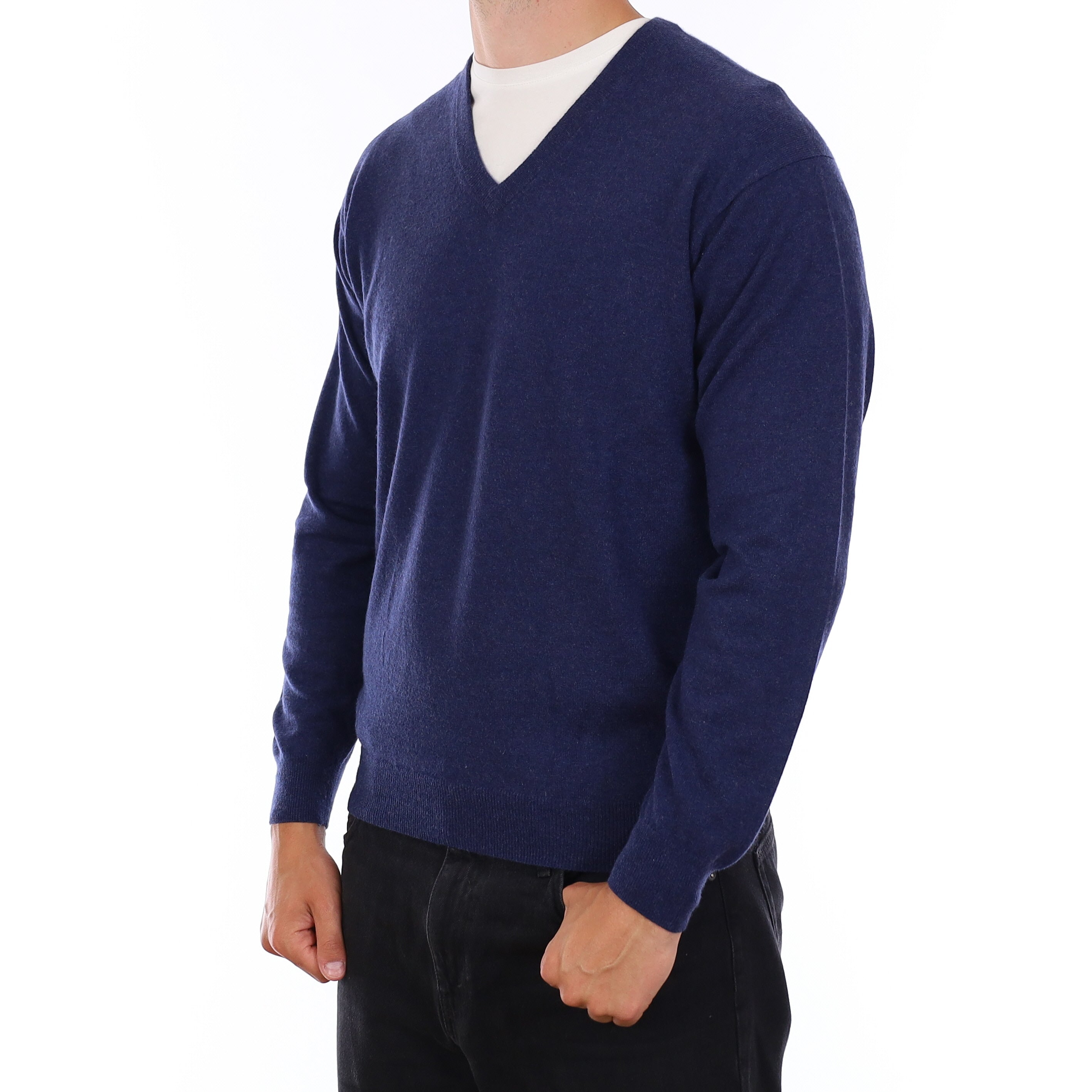 Men's Naval Blue Cashmere V Neck Jumper XL