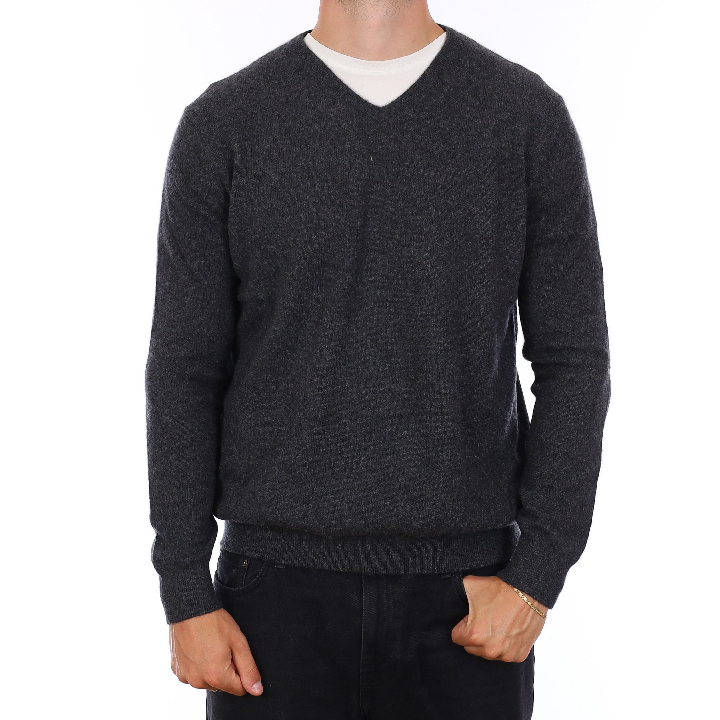 Men's Charcoal Grey Cashmere V Neck Jumper XXL