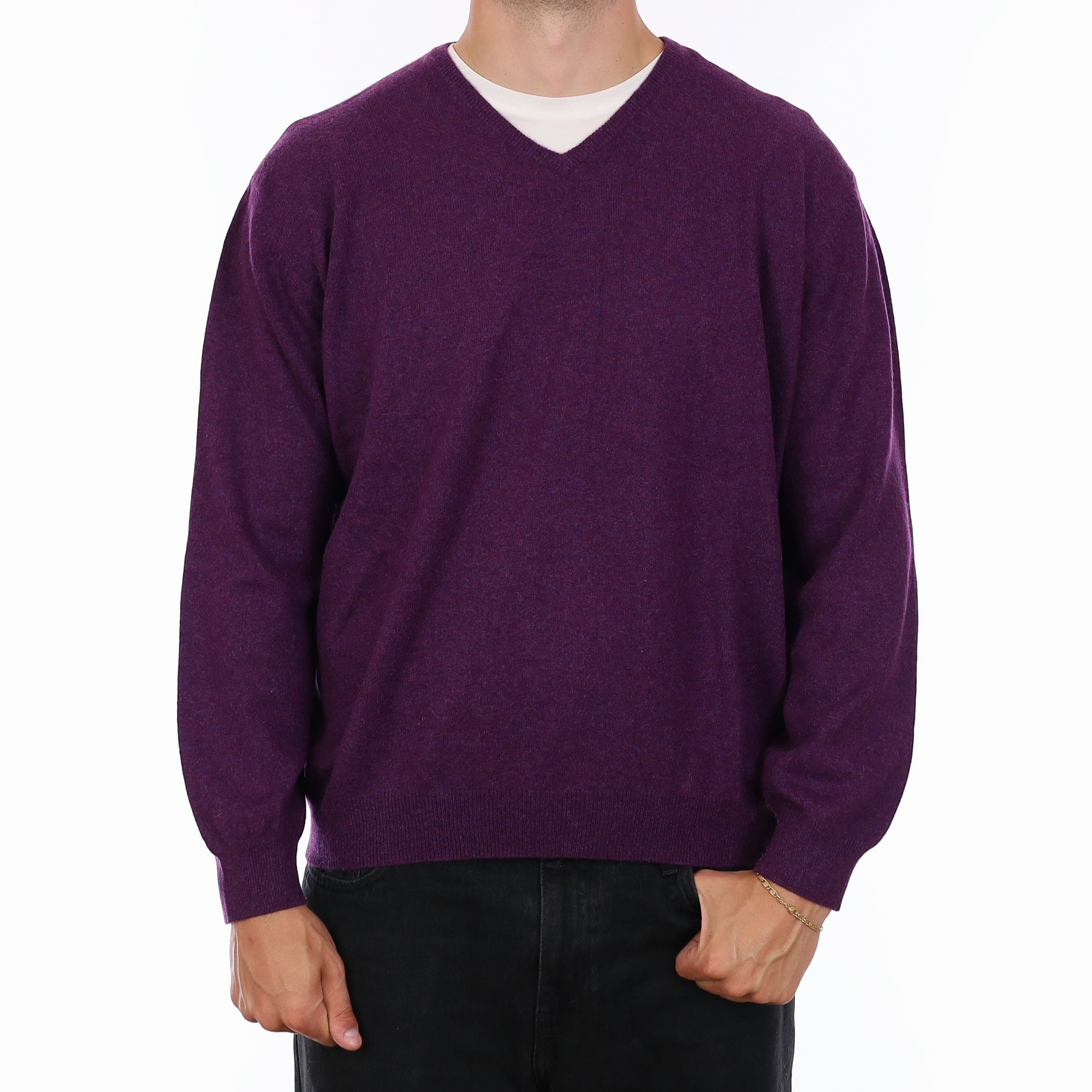 Men's Plum Cashmere V Neck Jumper XXL