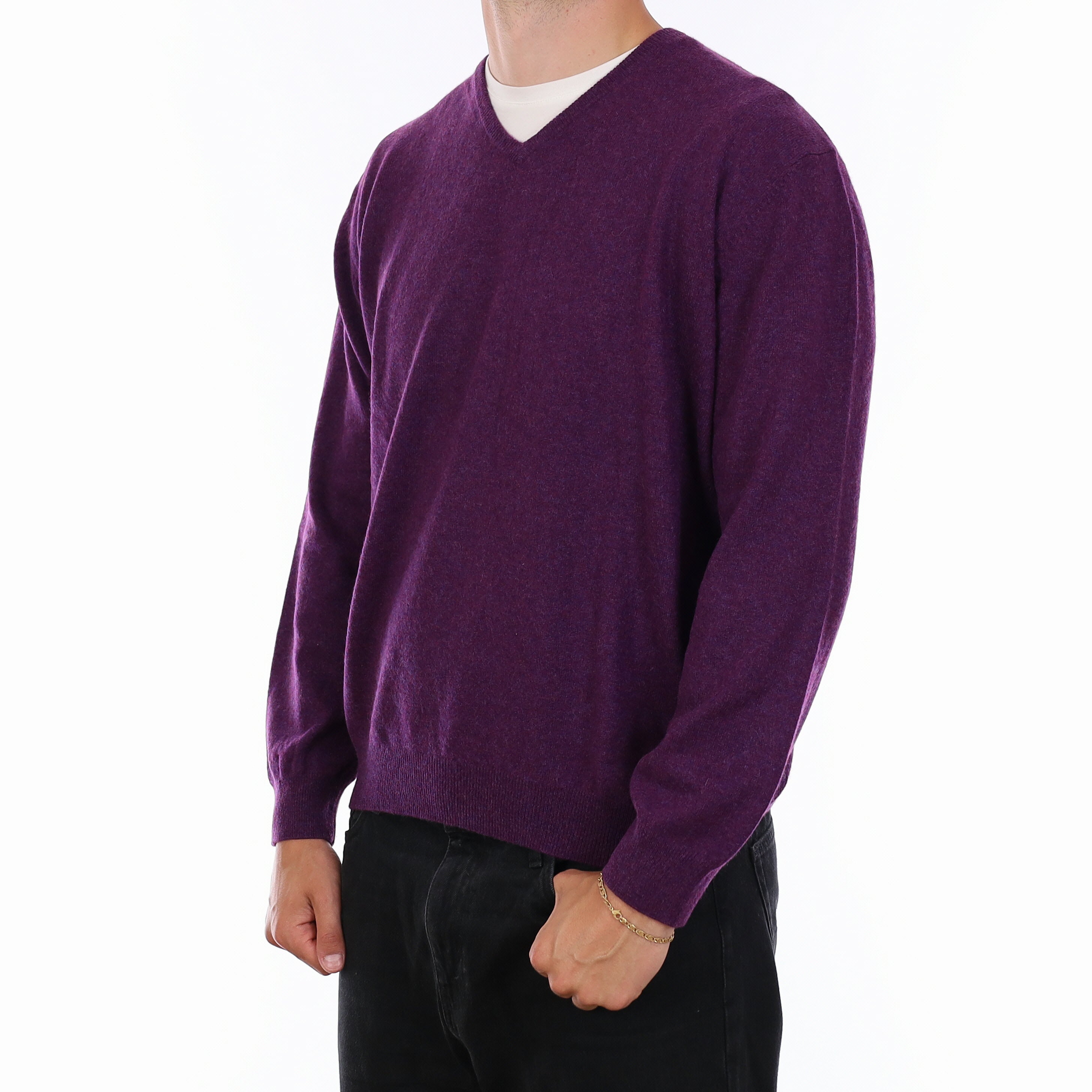 Men's Plum Cashmere V Neck Jumper XXL