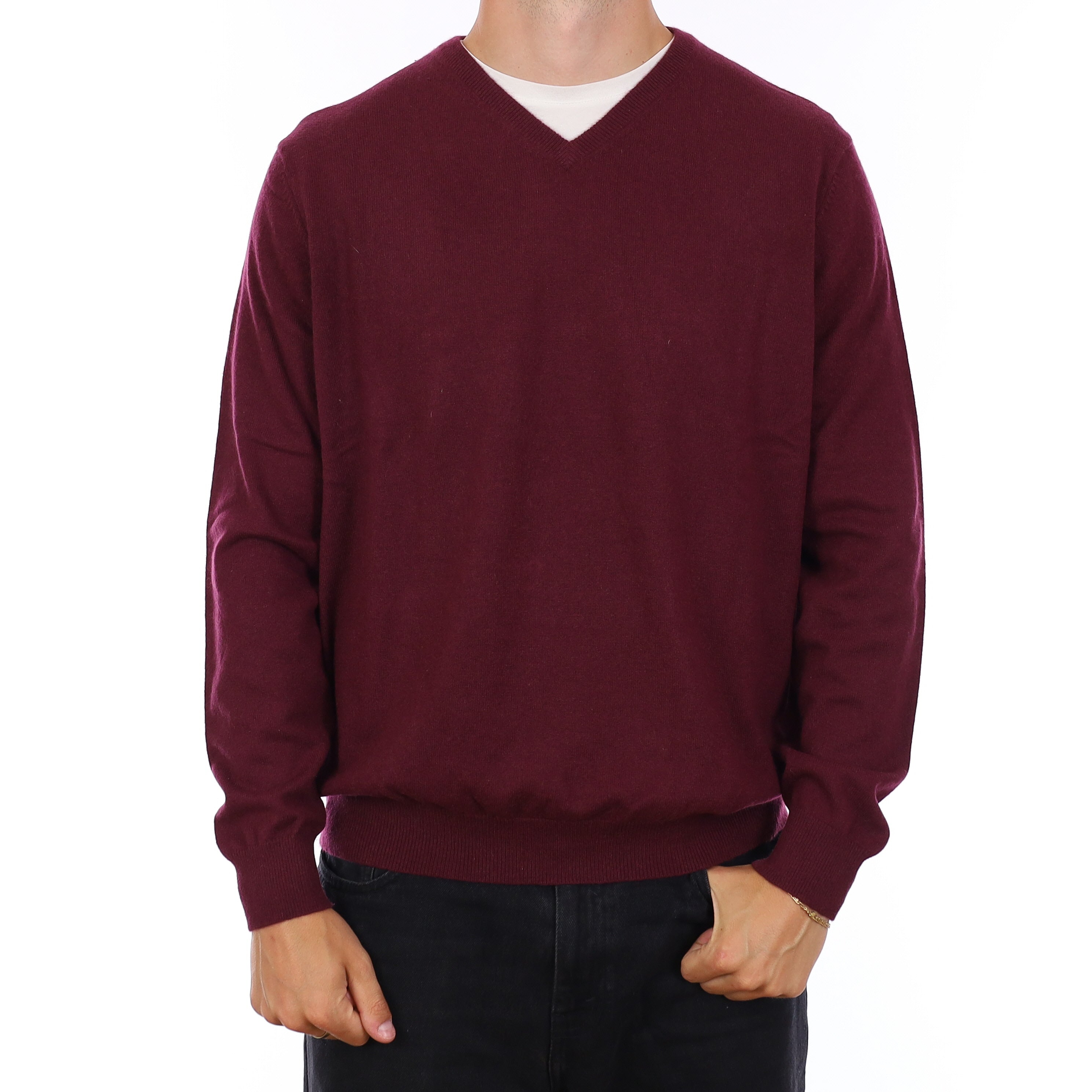 Men's Aubergine Cashmere V Neck Jumper XXL