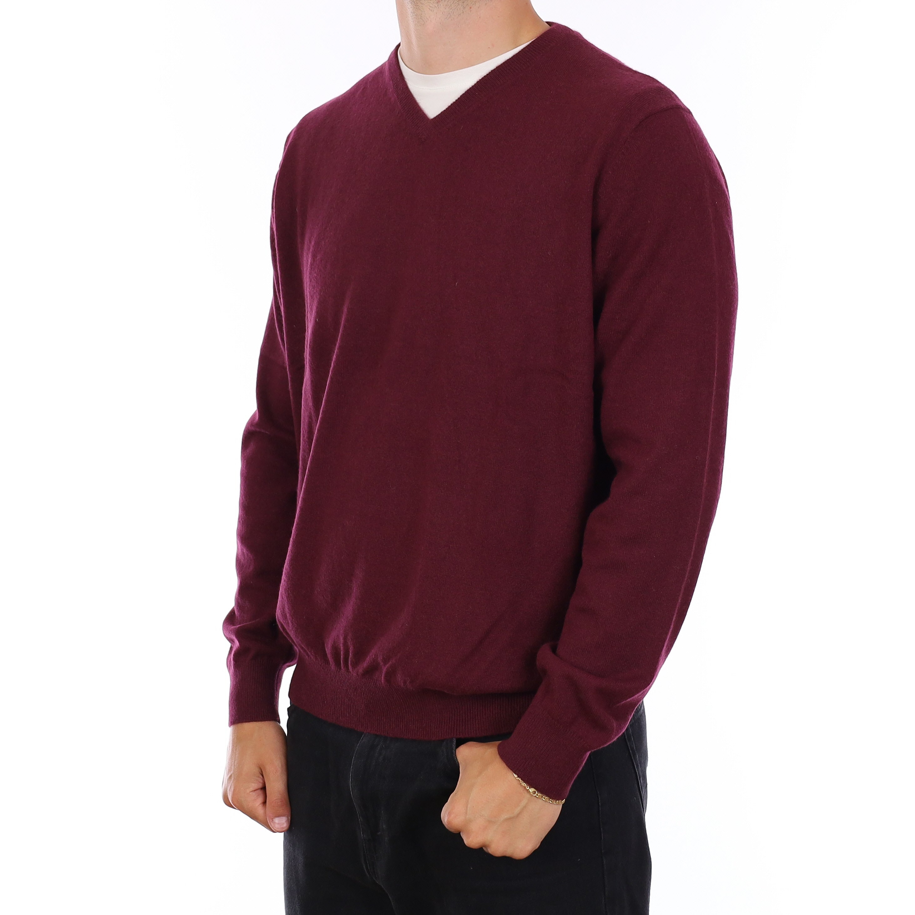 Men's Aubergine Cashmere V Neck Jumper XXL