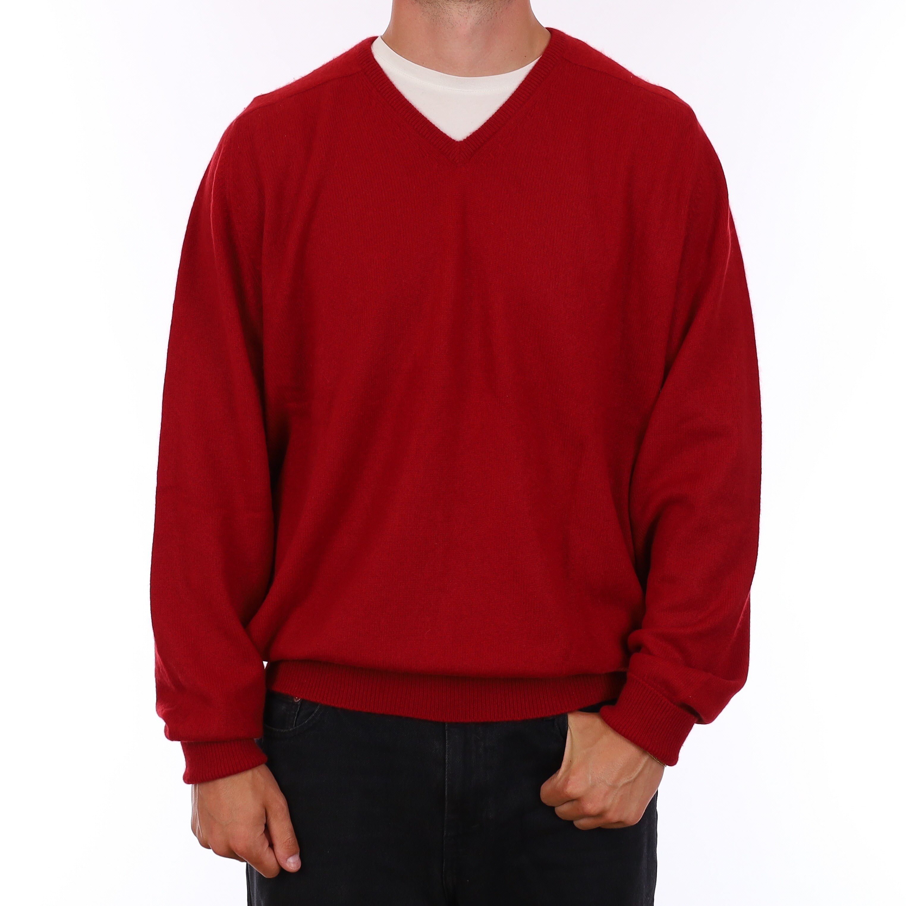 Men's Crimson Red Cashmere V Neck Jumper 3XL