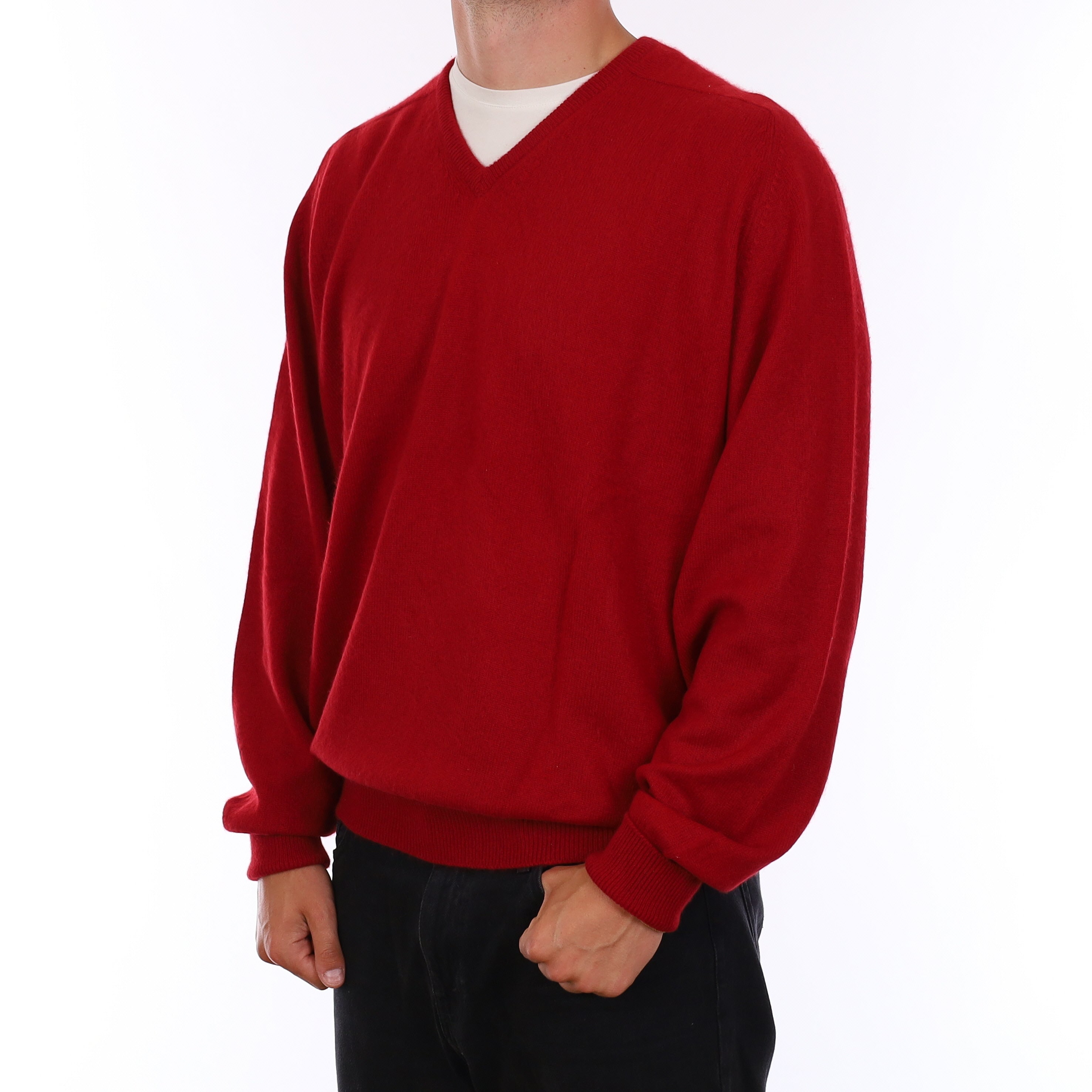 Men's Crimson Red Cashmere V Neck Jumper 3XL