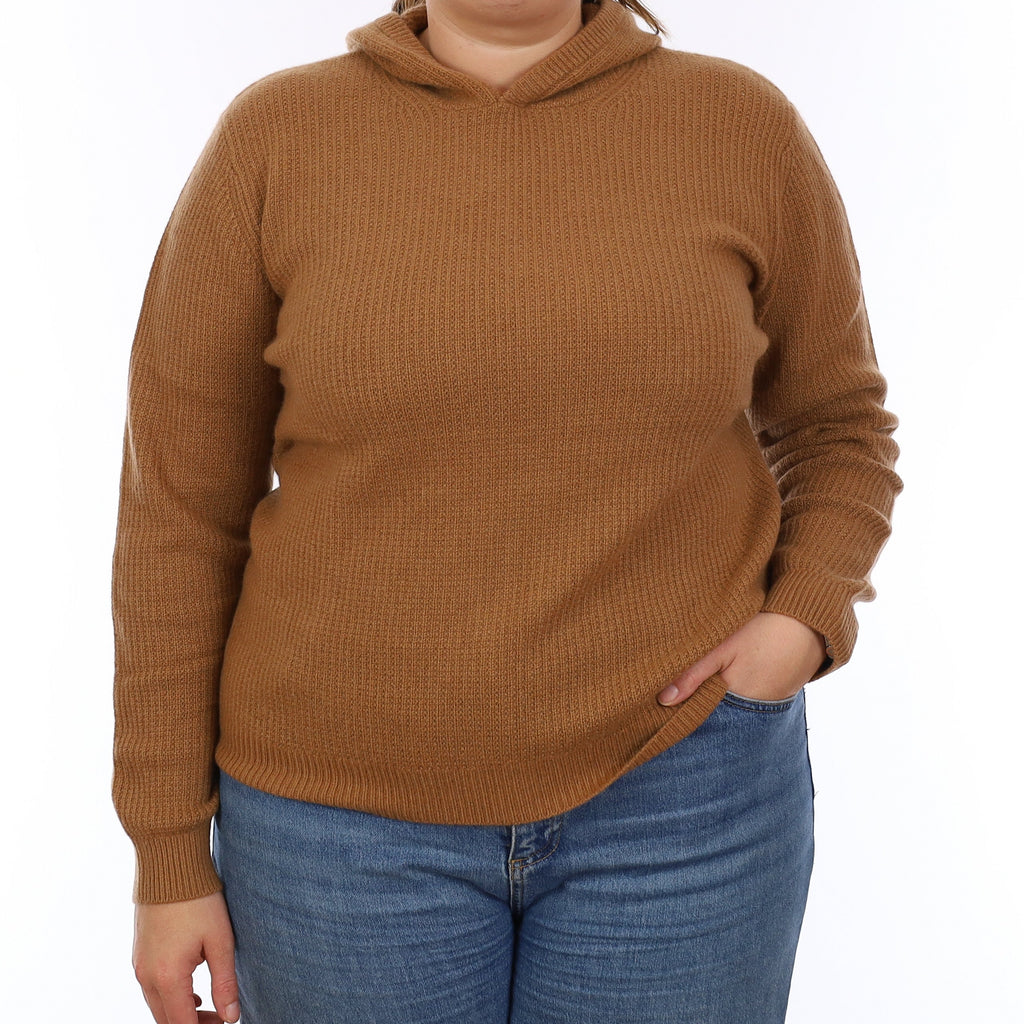 Brand New Toffee Brown Waffle Knit Cashmere Hoodie Jumper Extra Large