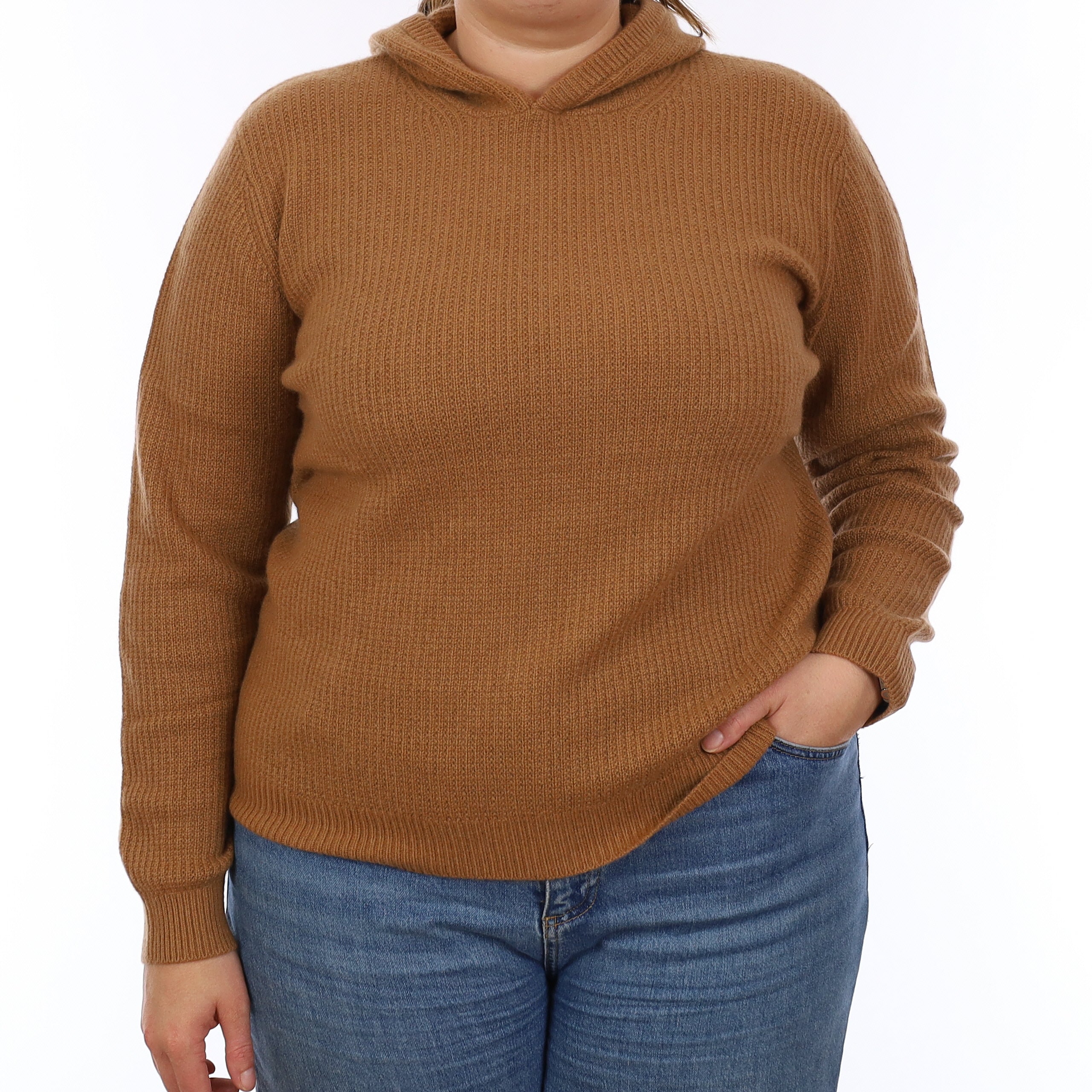 Brand New Toffee Brown Waffle Knit Cashmere Hoodie Jumper Large - UK 16