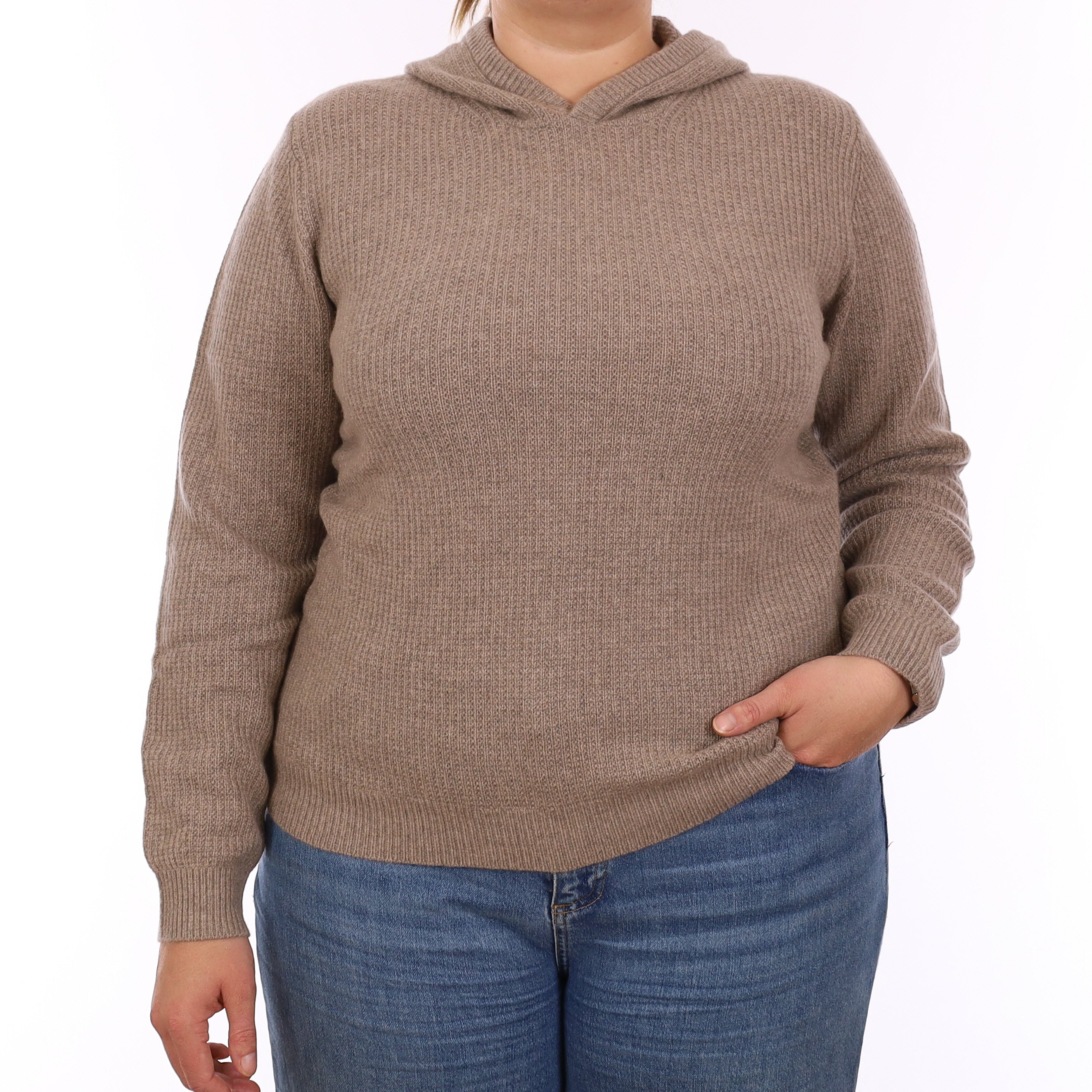 Brand New Mink Brown Waffle Knit Cashmere Hoodie Jumper Large - UK 16