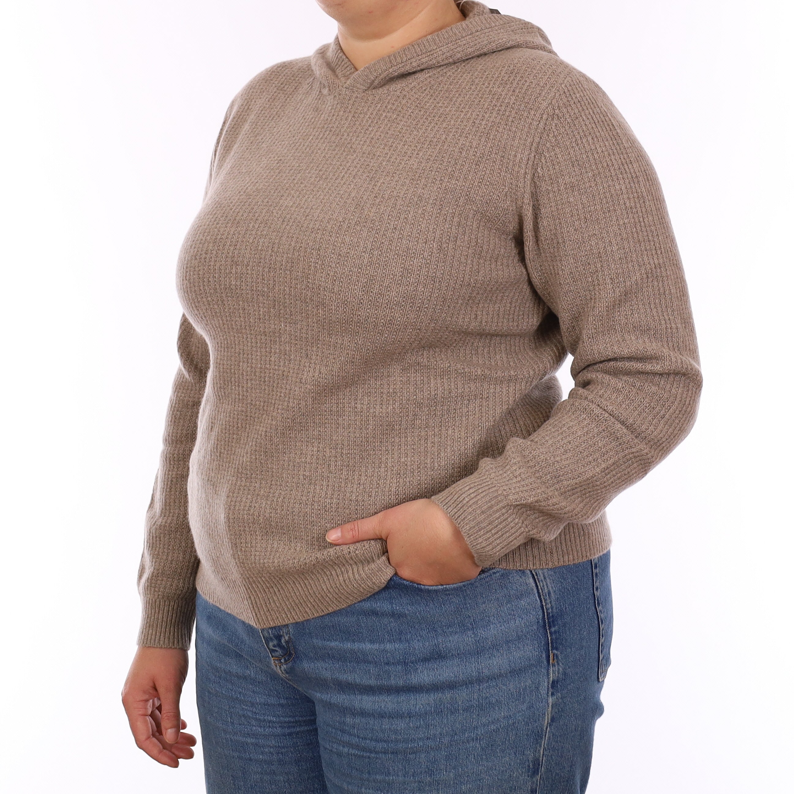 Brand New Mink Brown Waffle Knit Cashmere Hoodie Jumper Large - UK 16