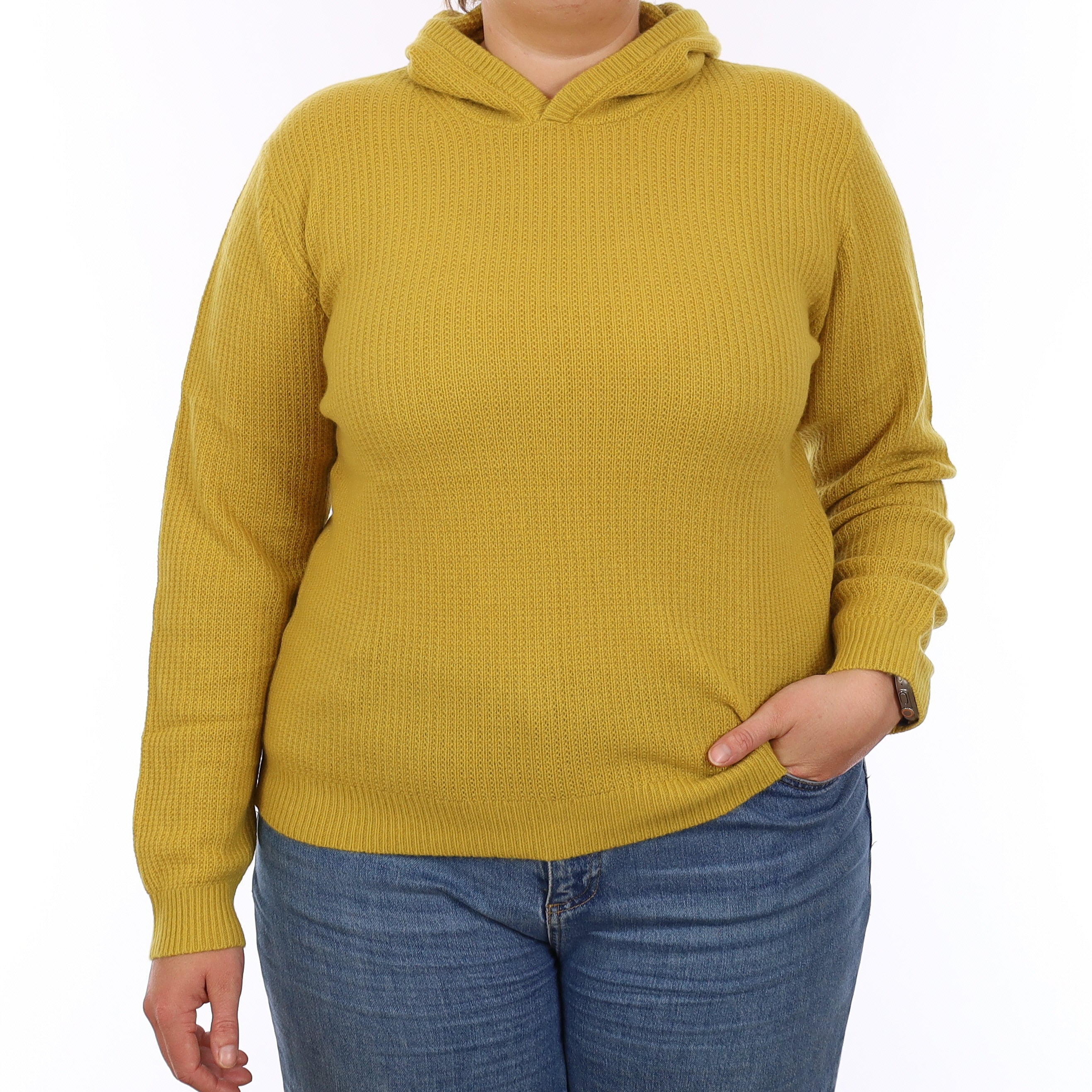 Brand New Mustard Yellow Waffle Knit Cashmere Hoodie Jumper Extra Large