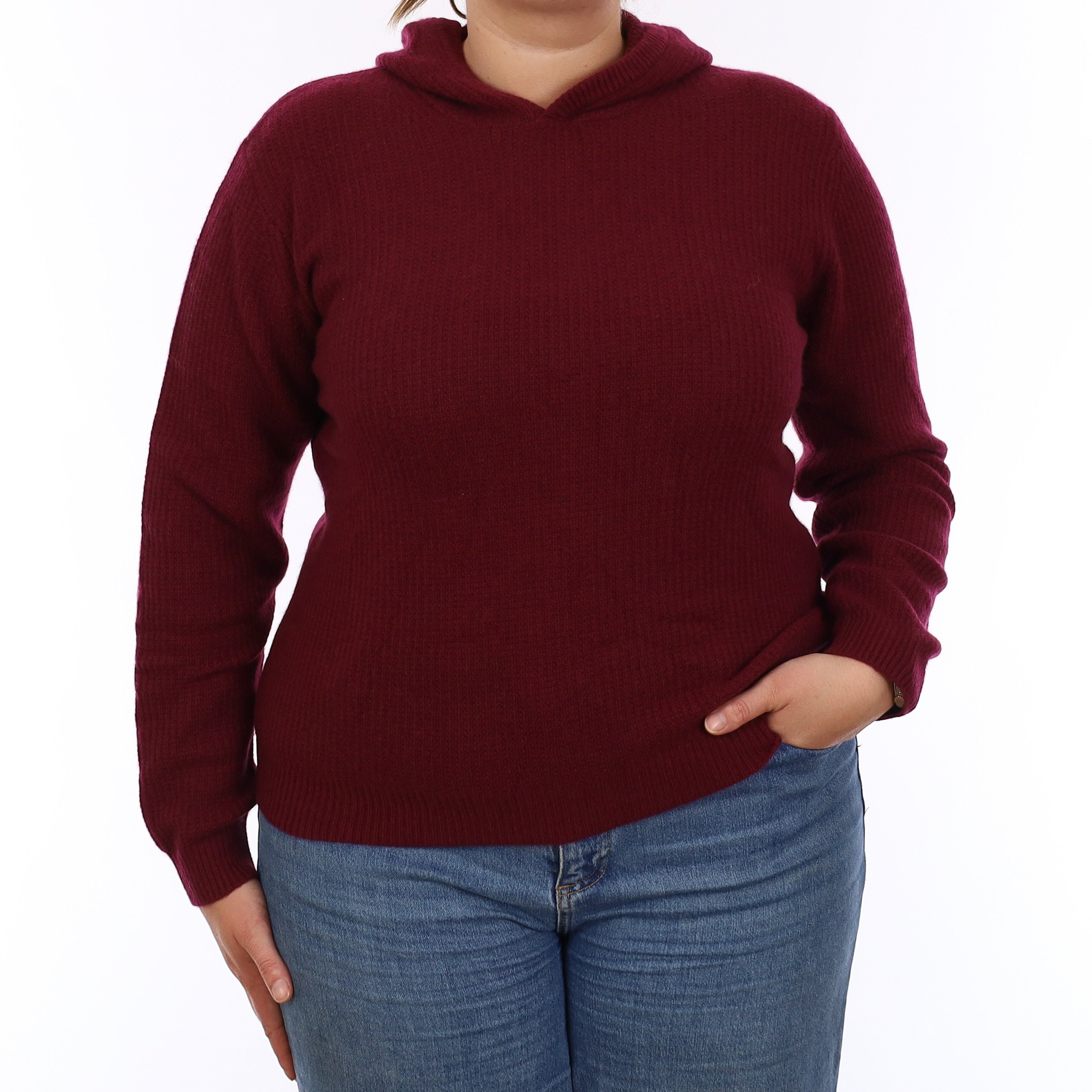 Brand New Wine Red Waffle Knit Cashmere Hoodie Jumper Large- UK 18