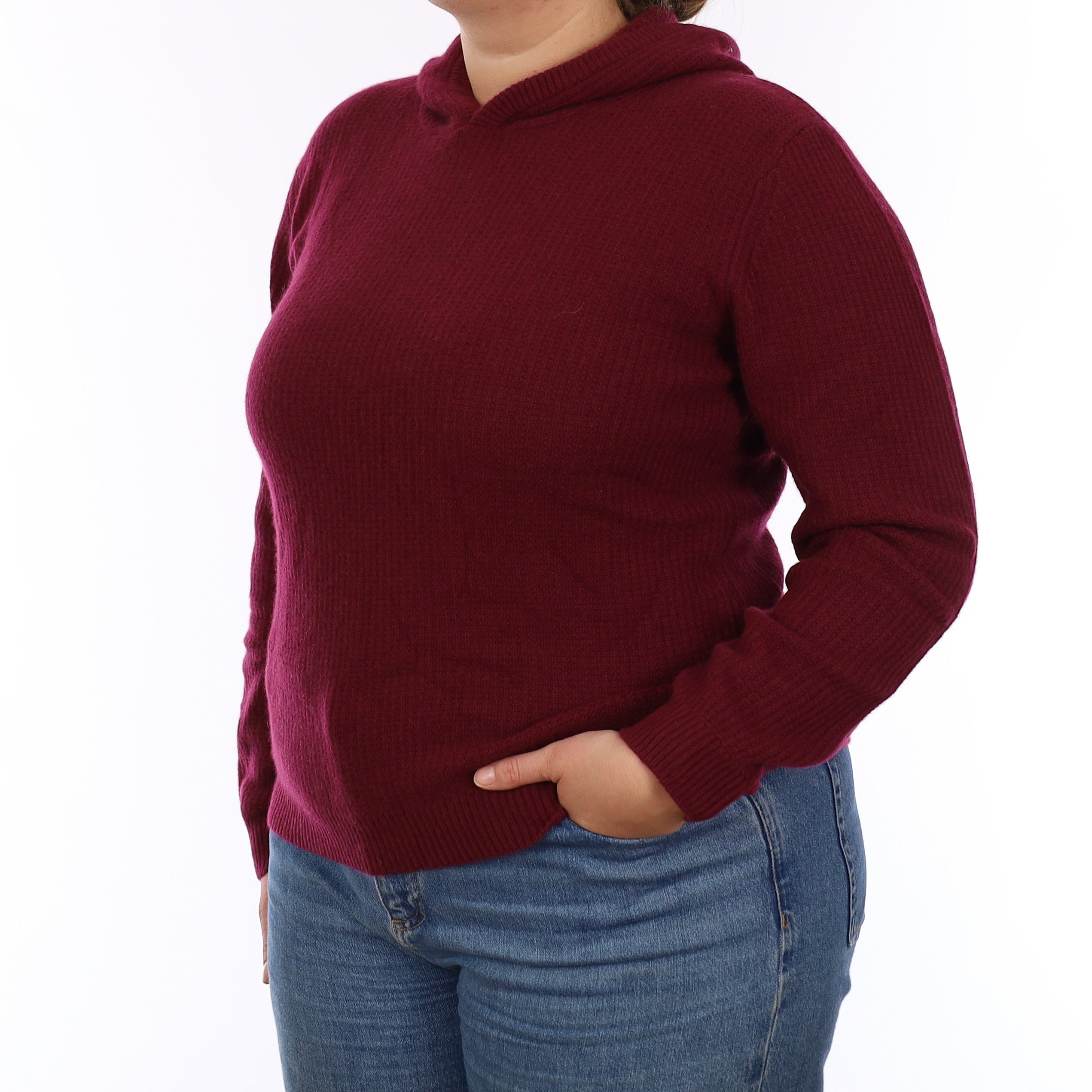 Brand New Wine Red Waffle Knit Cashmere Hoodie Jumper Large- UK 18