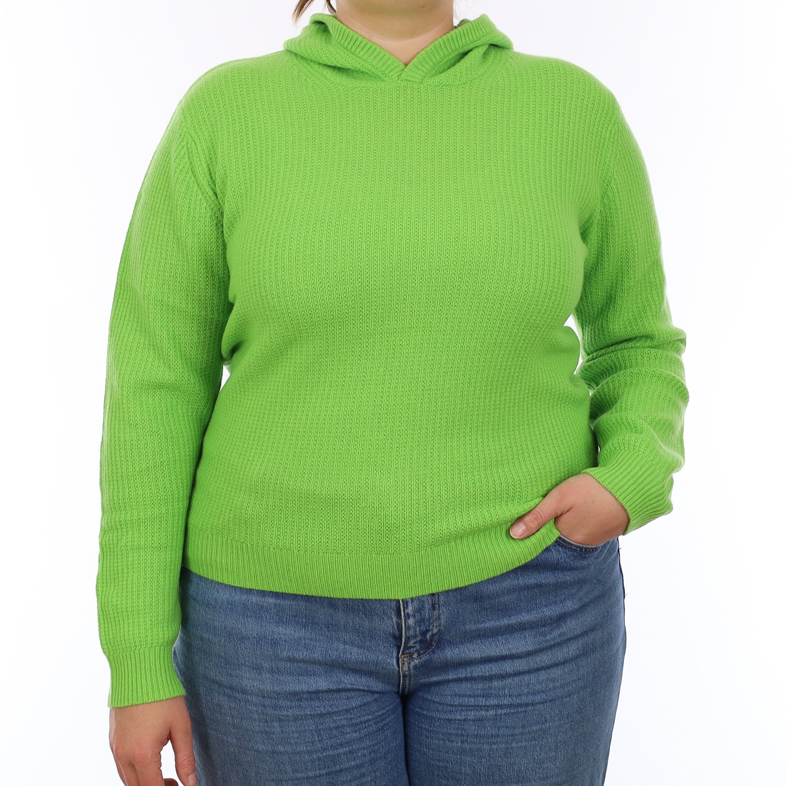 Brand New Neon Green Waffle Knit Cashmere Hoodie Jumper Extra Large