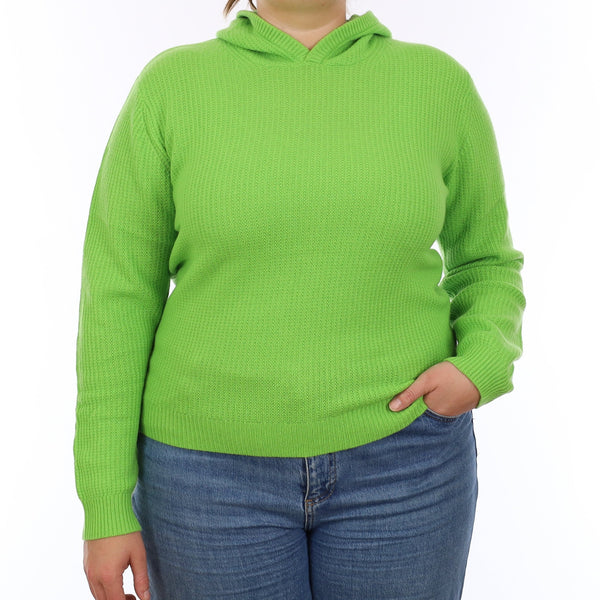 Brand New Neon Green Waffle Knit Cashmere Hoodie Jumper Large - UK 18