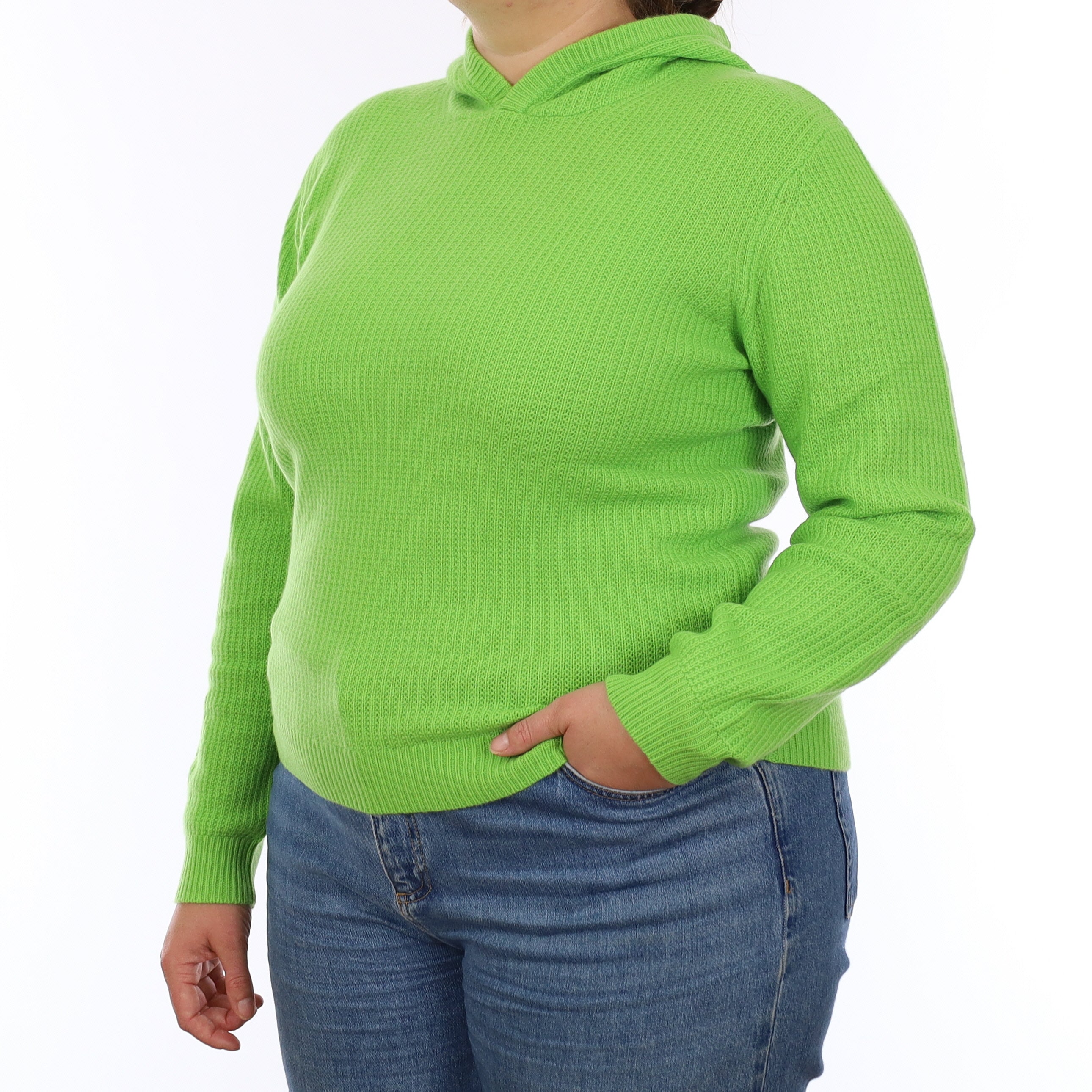 Brand New Neon Green Waffle Knit Cashmere Hoodie Jumper Extra Large