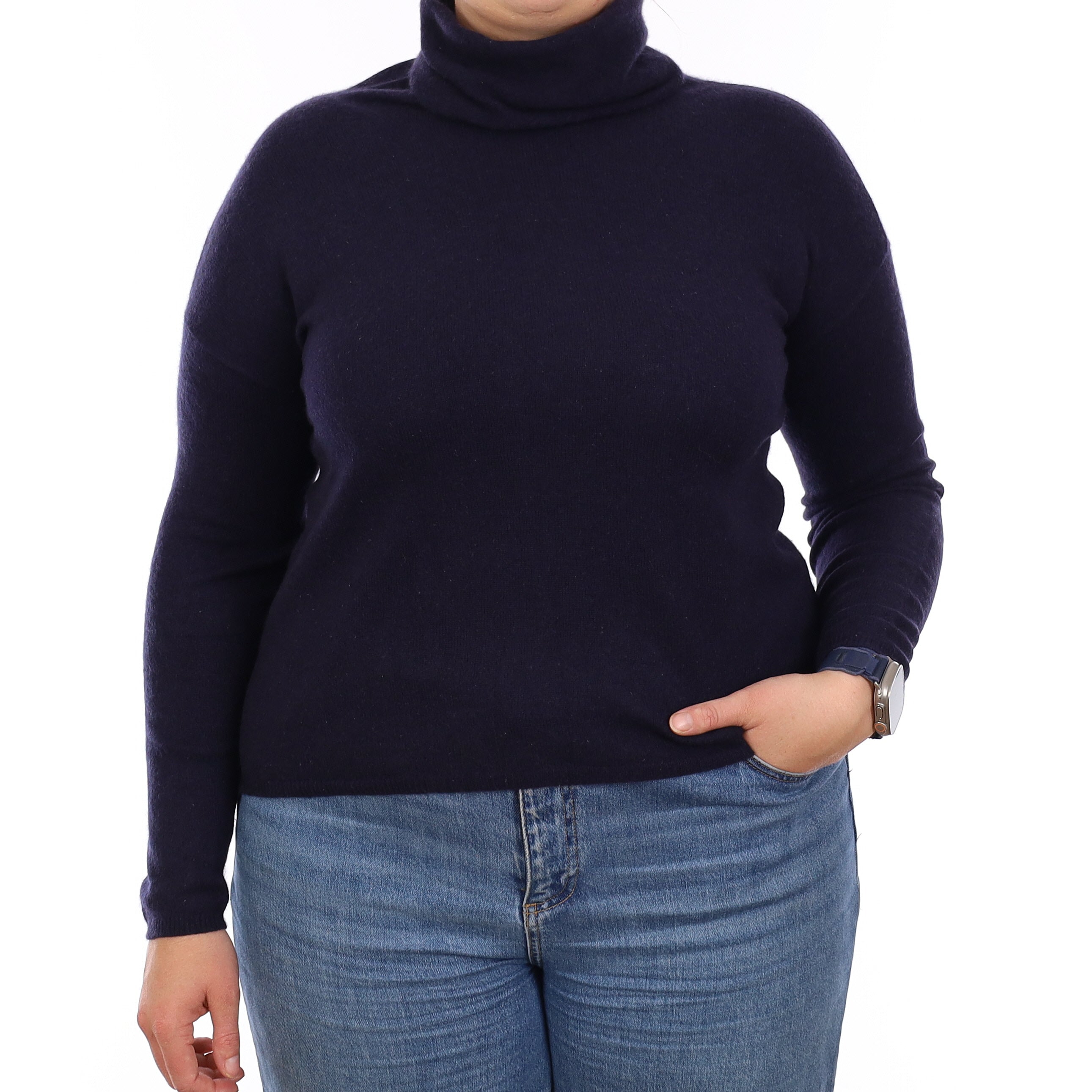 Navy Blue Cashmere Boxy Polo Neck Jumper Large