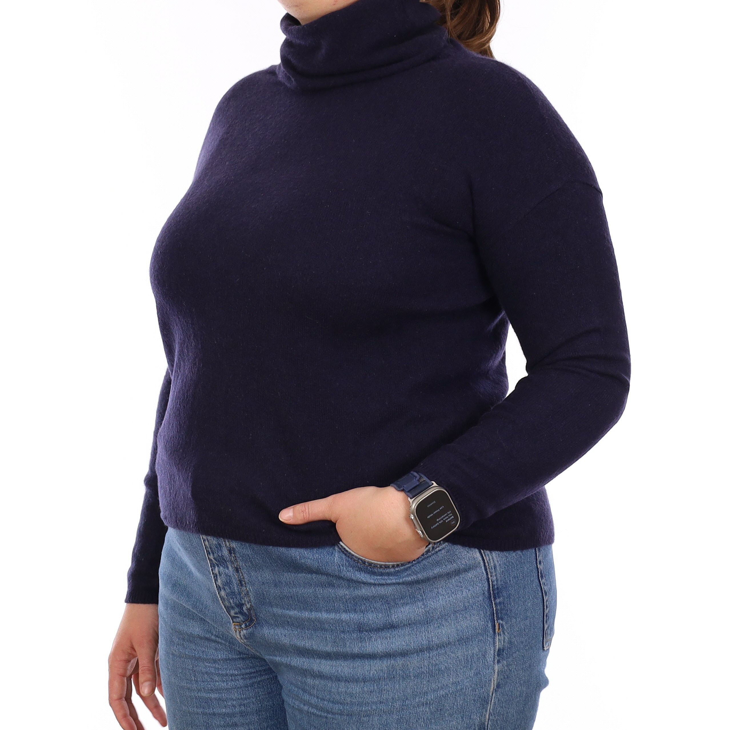 Navy Blue Cashmere Boxy Polo Neck Jumper Large