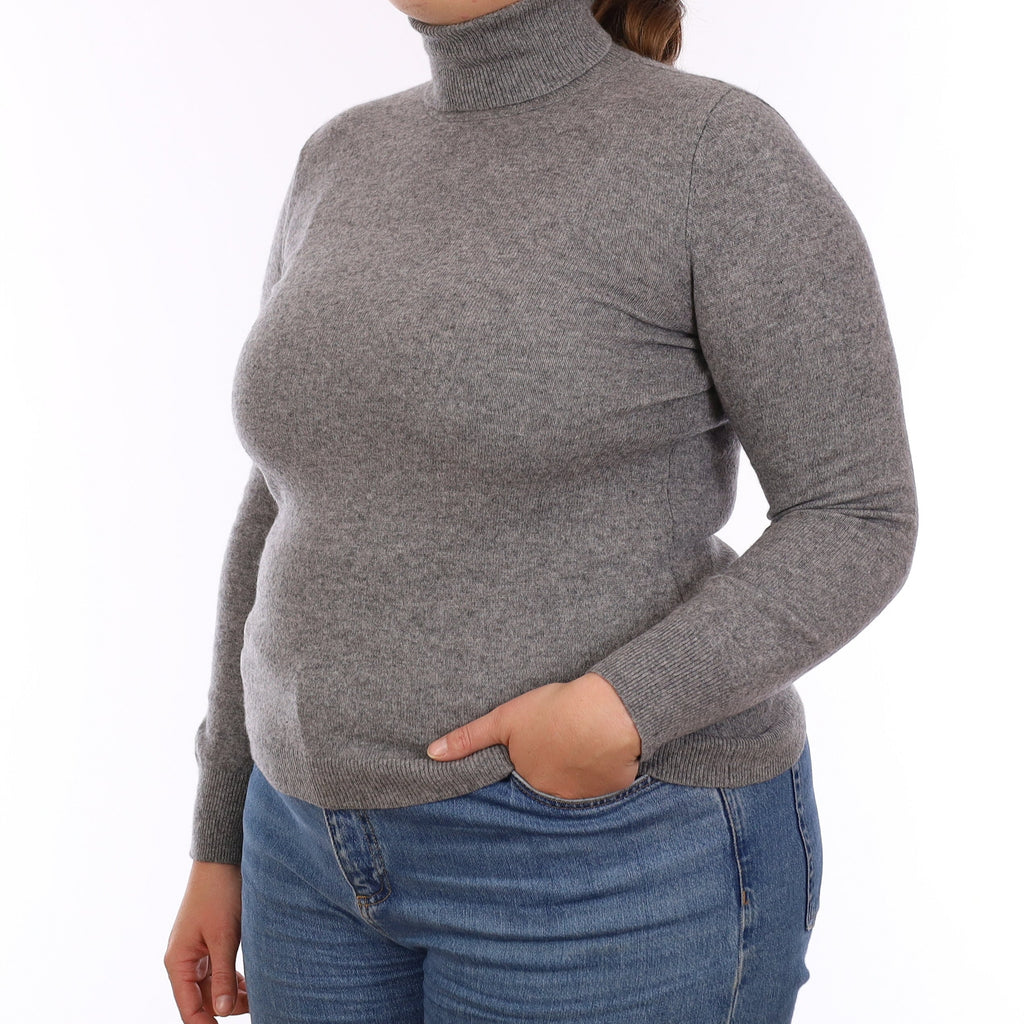 Ash Grey Cashmere Polo Neck Jumper Large