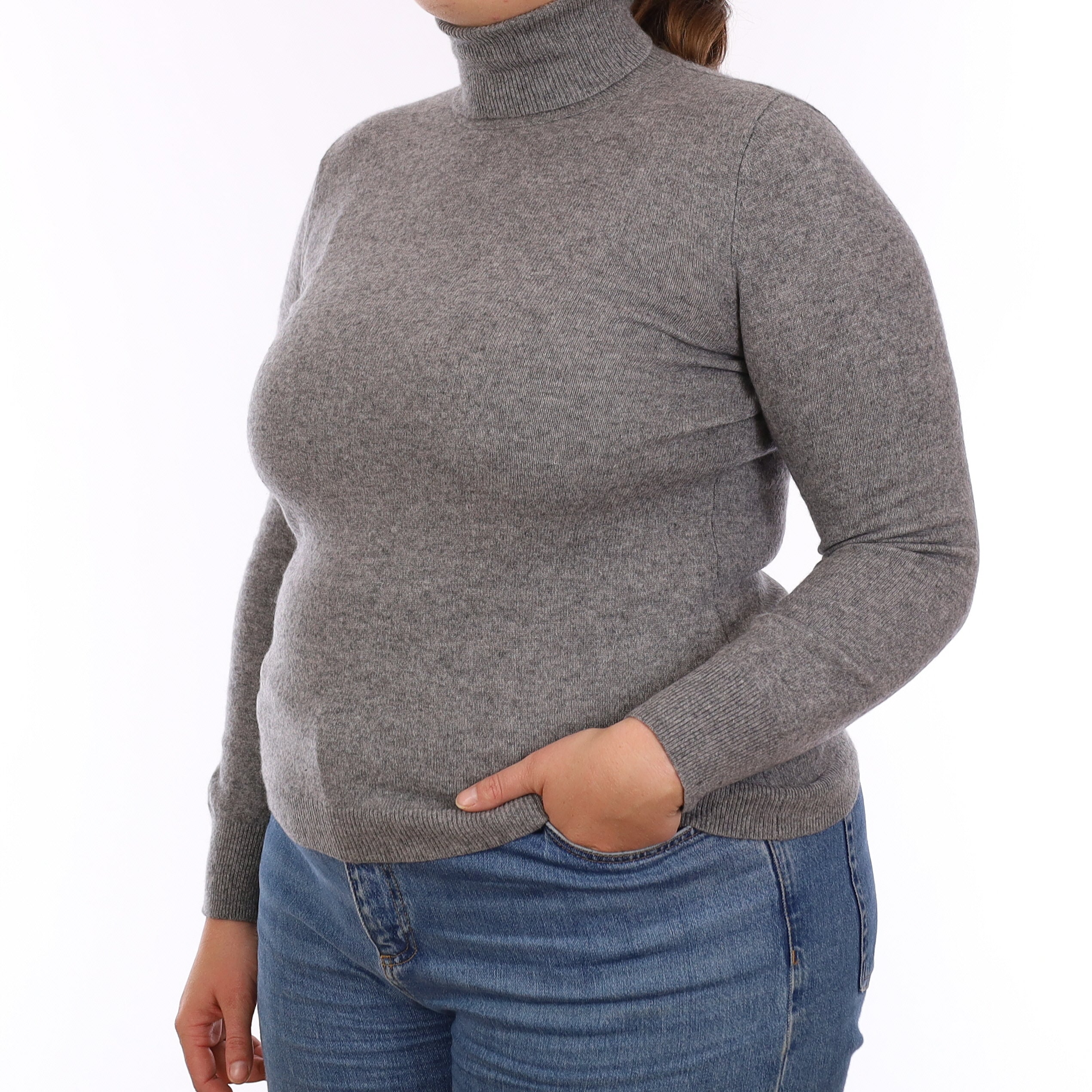 Ash Grey Cashmere Polo Neck Jumper Large