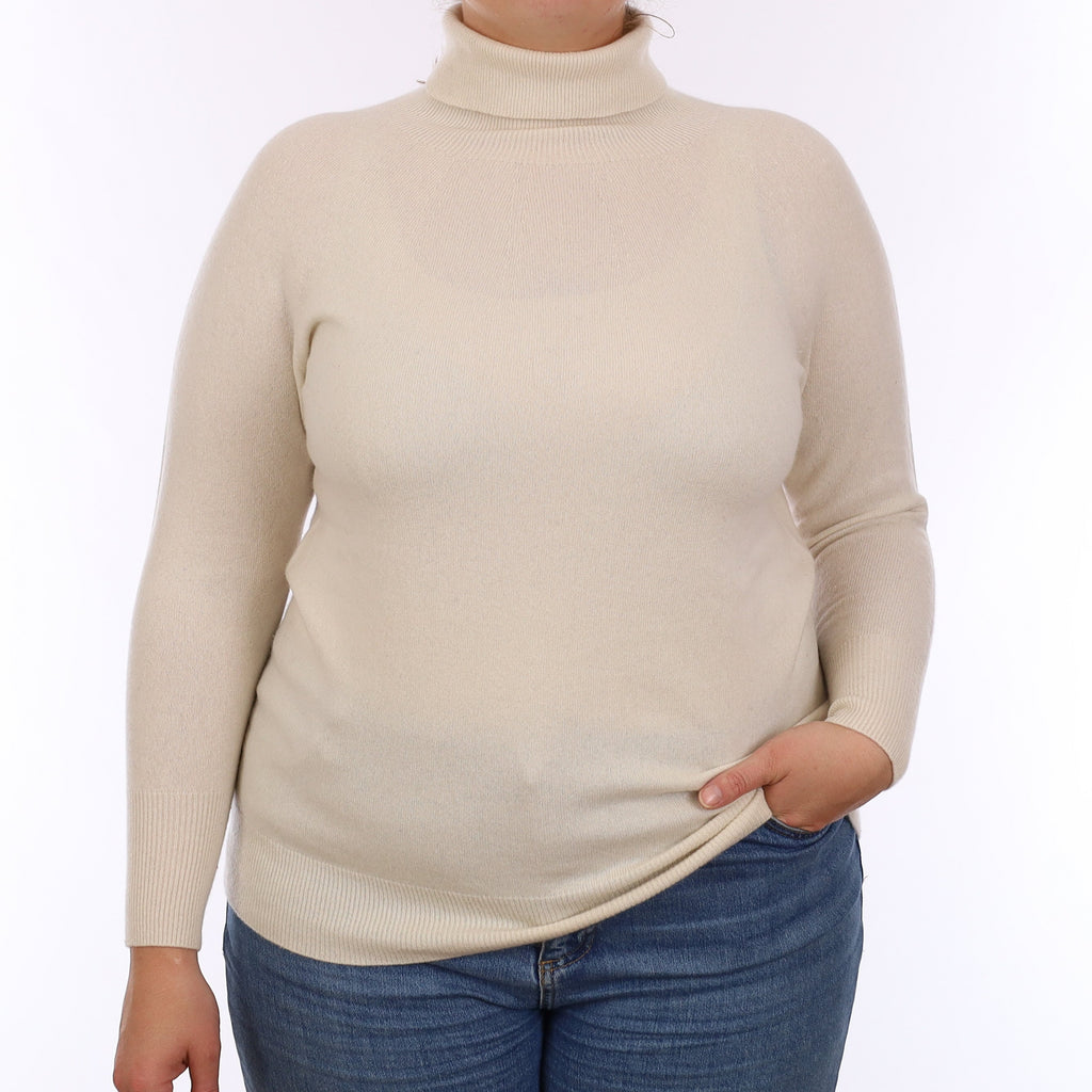 Ivory Cashmere Scooped Hem Polo Neck Jumper Large