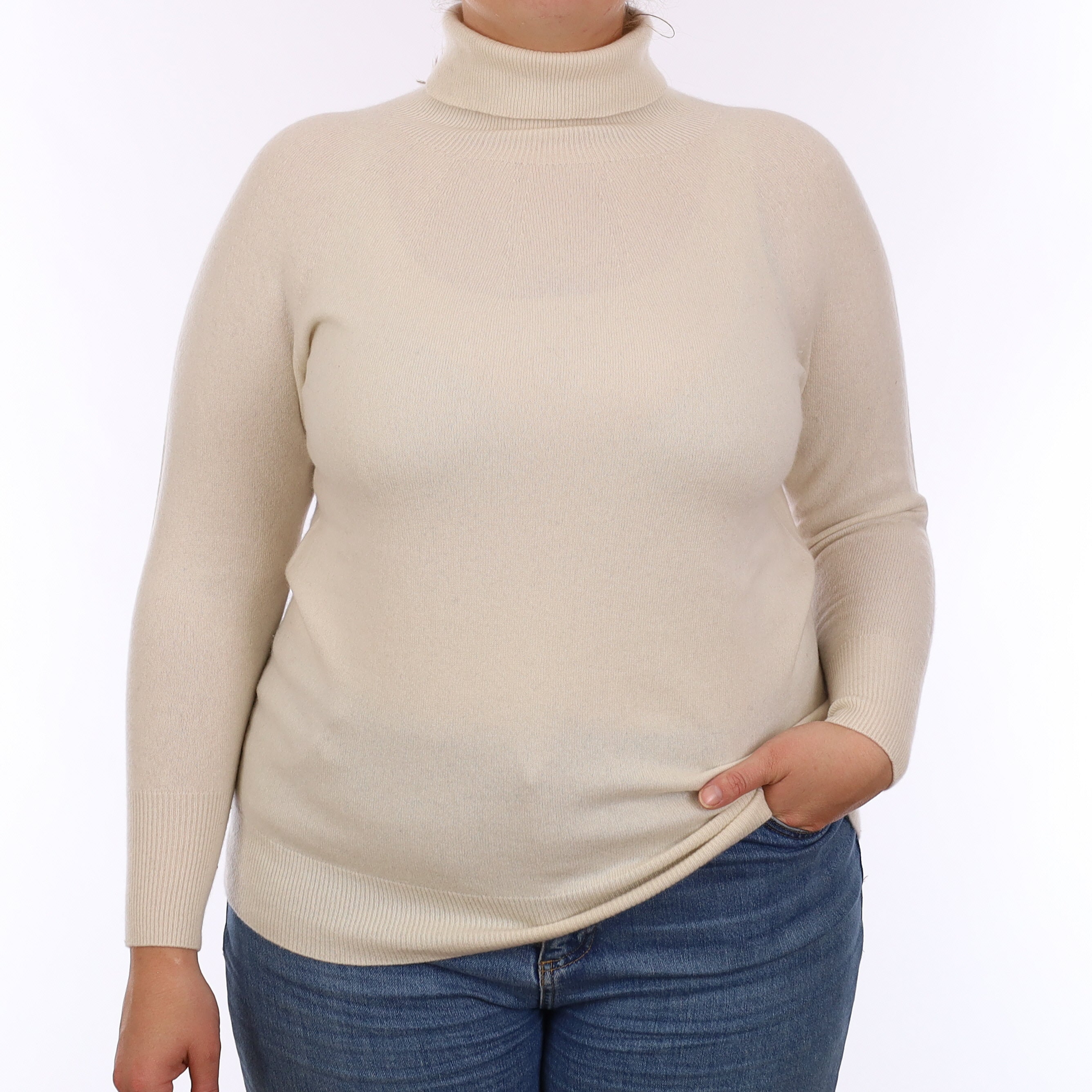 Ivory Cashmere Scooped Hem Polo Neck Jumper Large