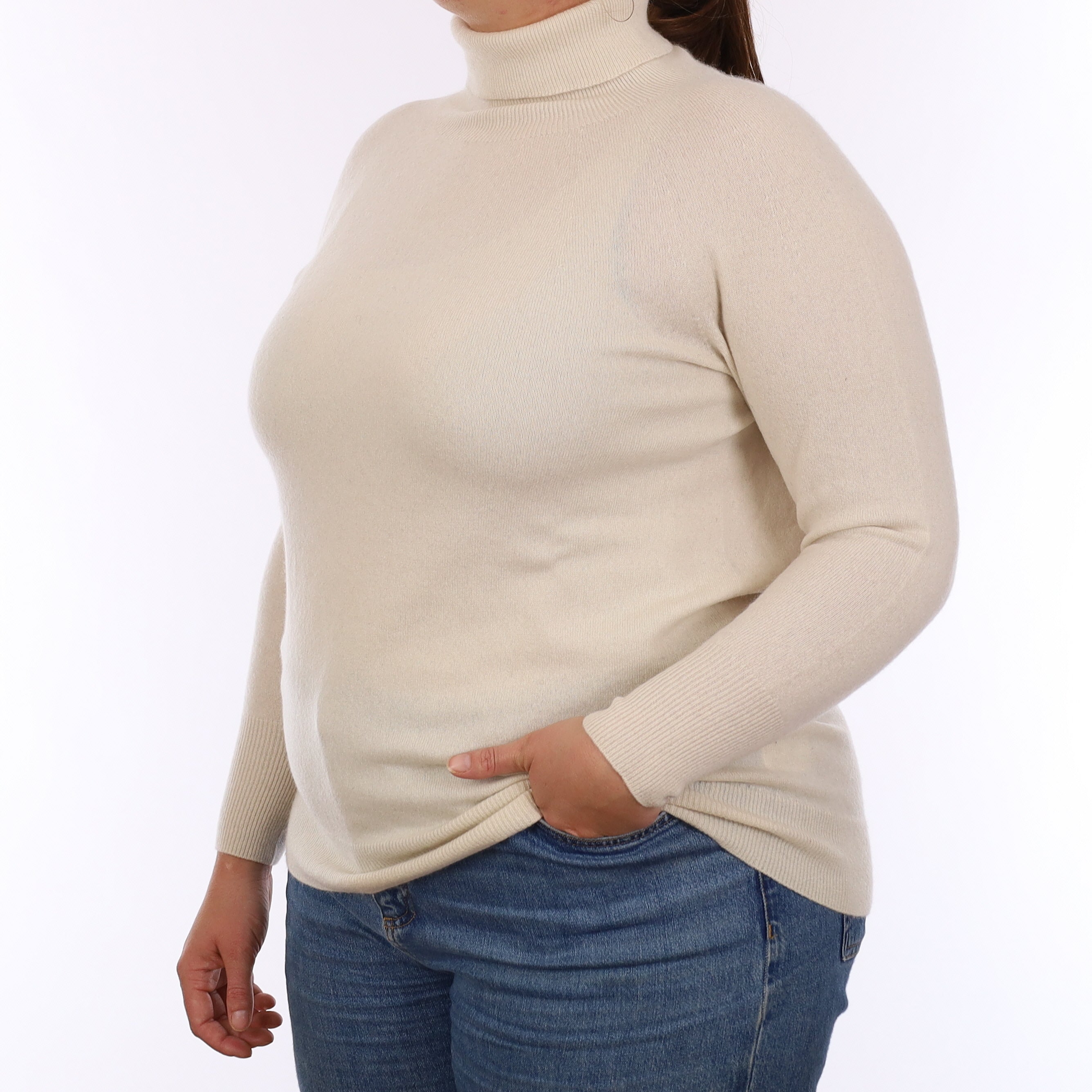 Ivory Cashmere Scooped Hem Polo Neck Jumper Large