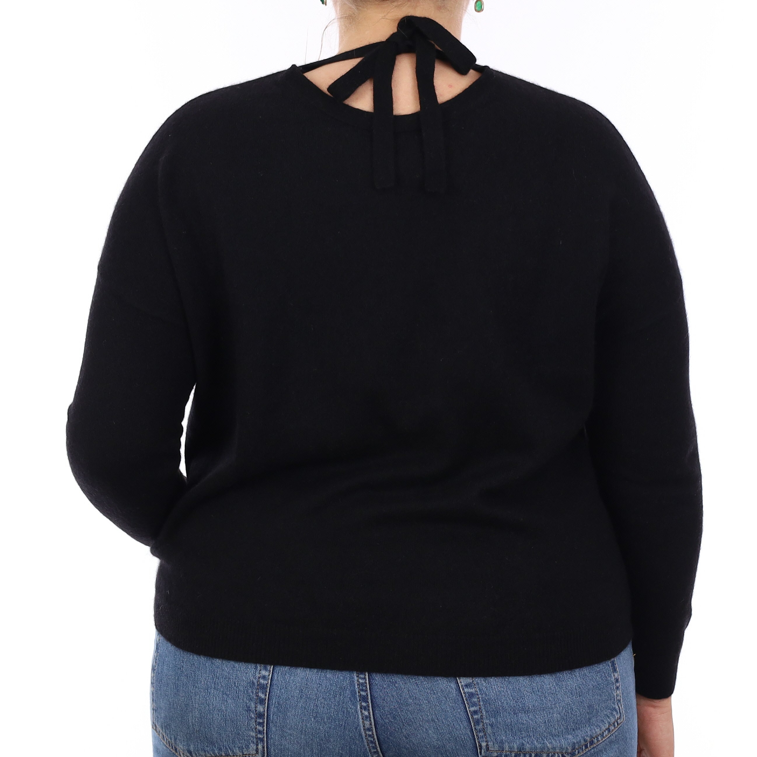 Black Cashmere Tie Detail Crew Neck Jumper Large