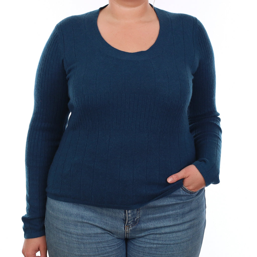 Ocean Blue Rib Cashmere Scoop Neck Jumper Large