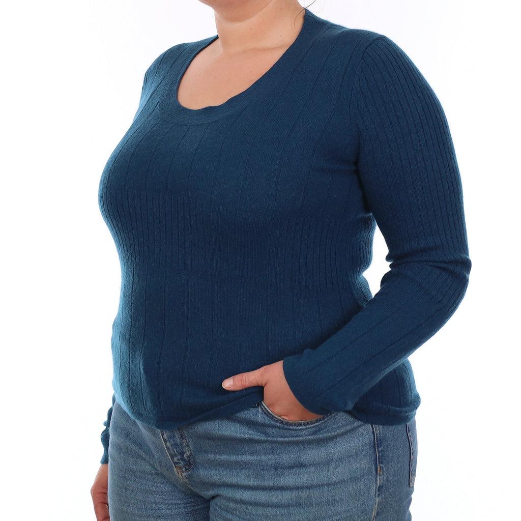 Ocean Blue Rib Cashmere Scoop Neck Jumper Large