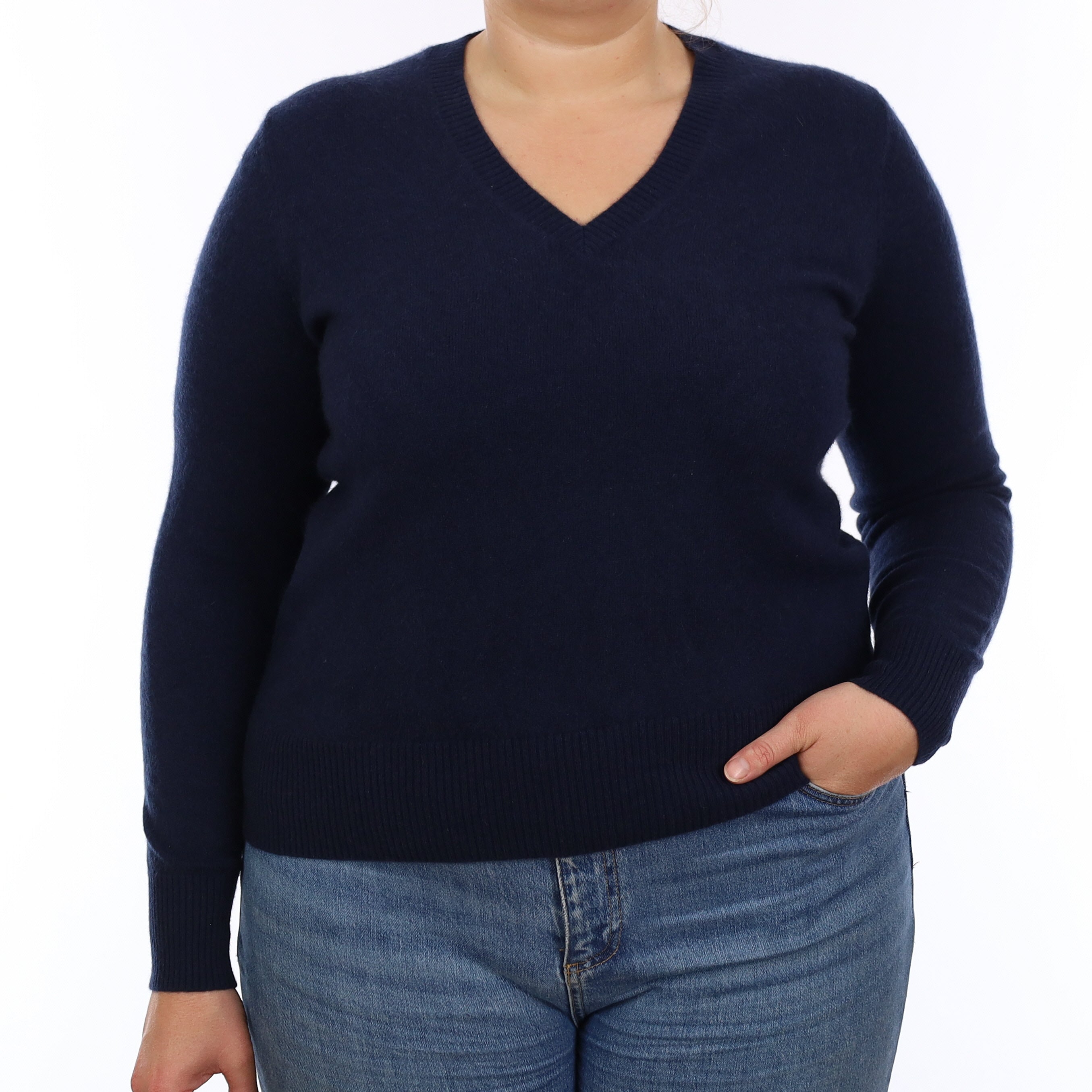 Navy Blue Cashmere V Neck Jumper Large