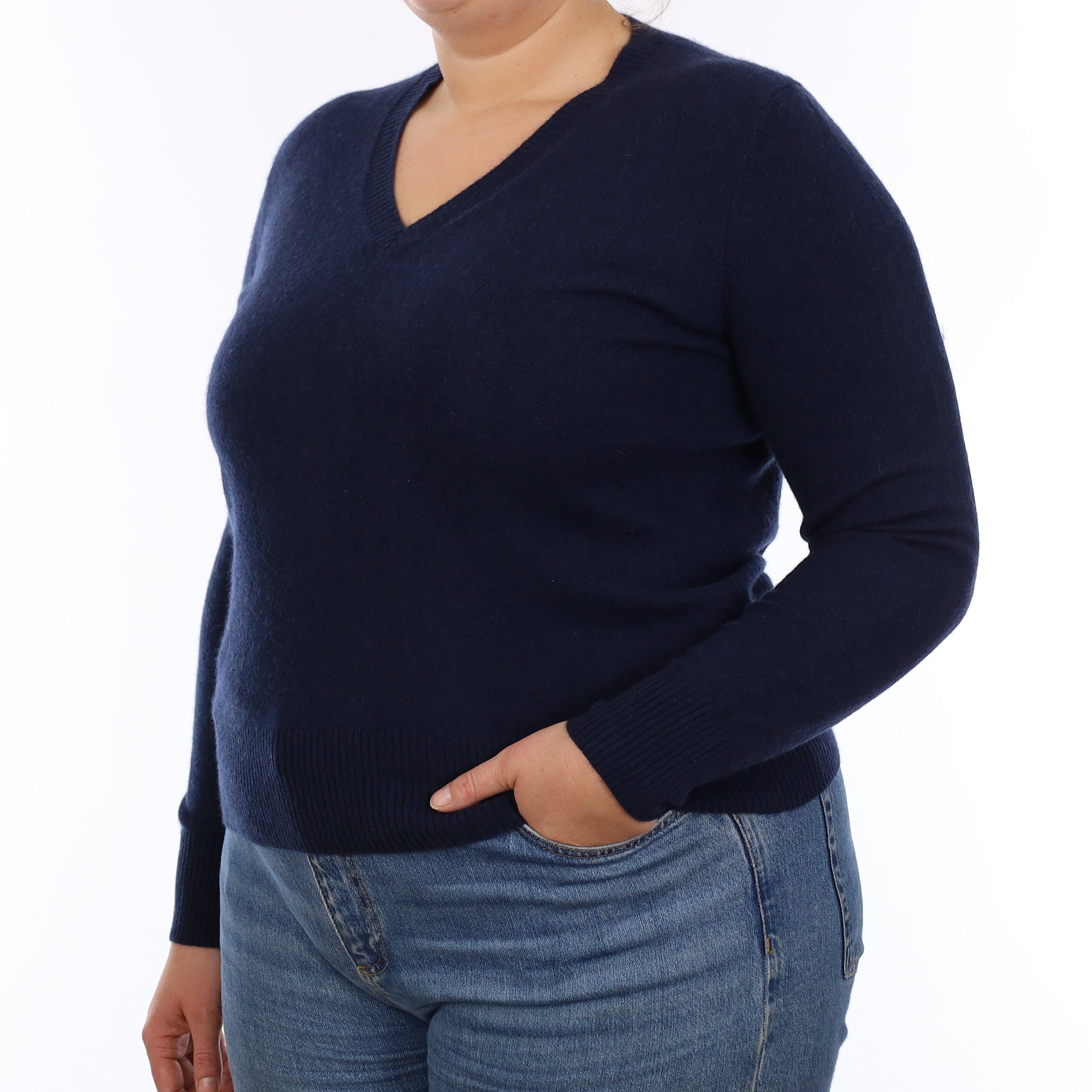 Navy Blue Cashmere V Neck Jumper Large