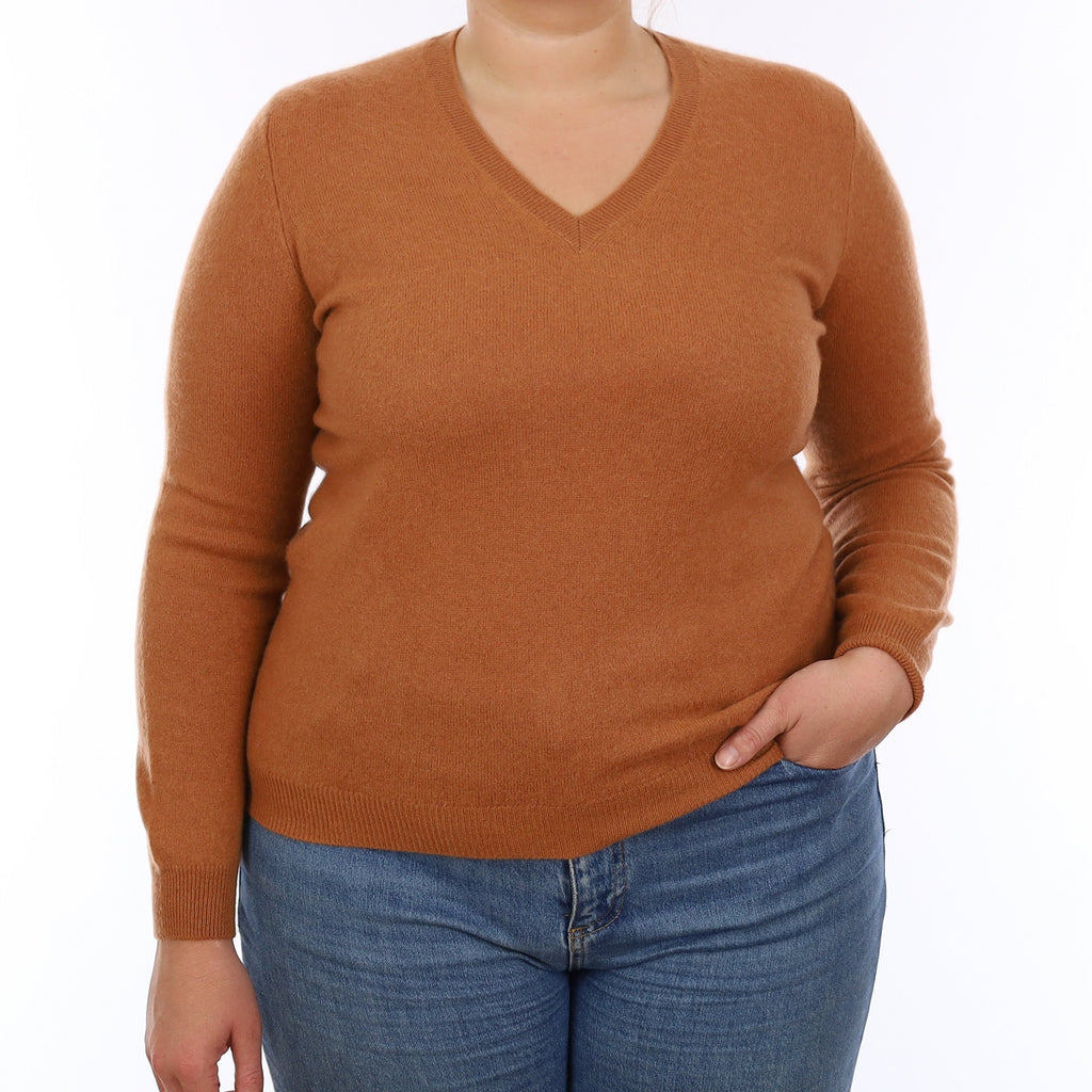 Butterscotch Brown Cashmere V Neck Jumper Large