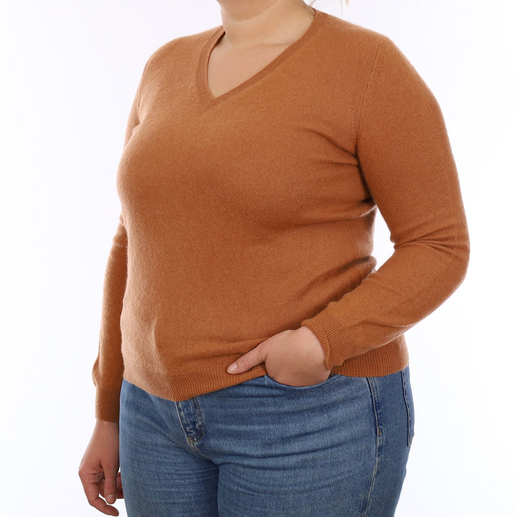 Butterscotch Brown Cashmere V Neck Jumper Large