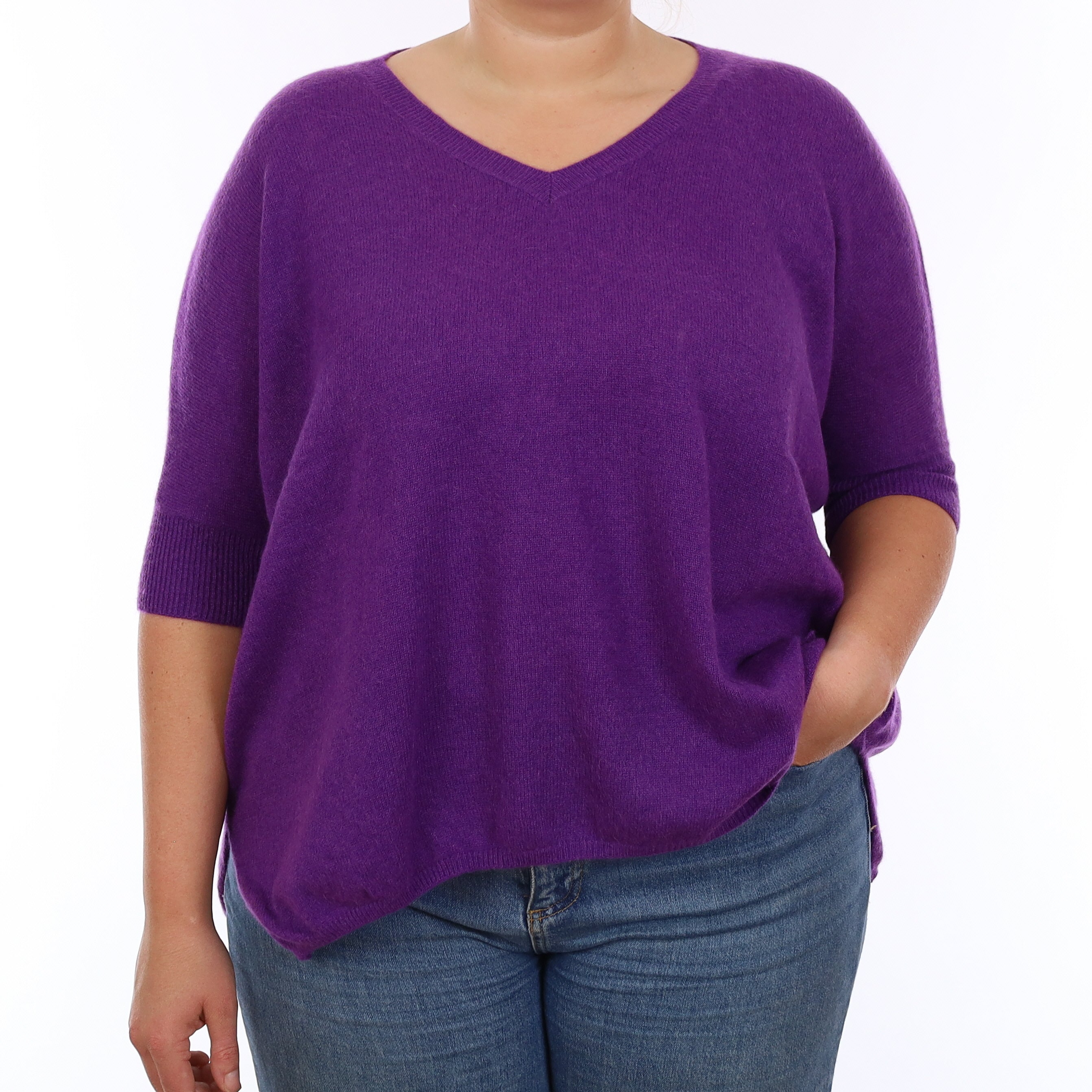 Electric Purple Cashmere Slouchy Batwing V Neck Jumper Large