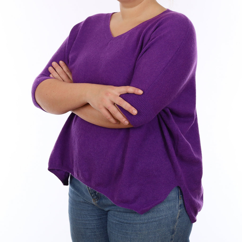 Electric Purple Cashmere Slouchy Batwing V Neck Jumper Large