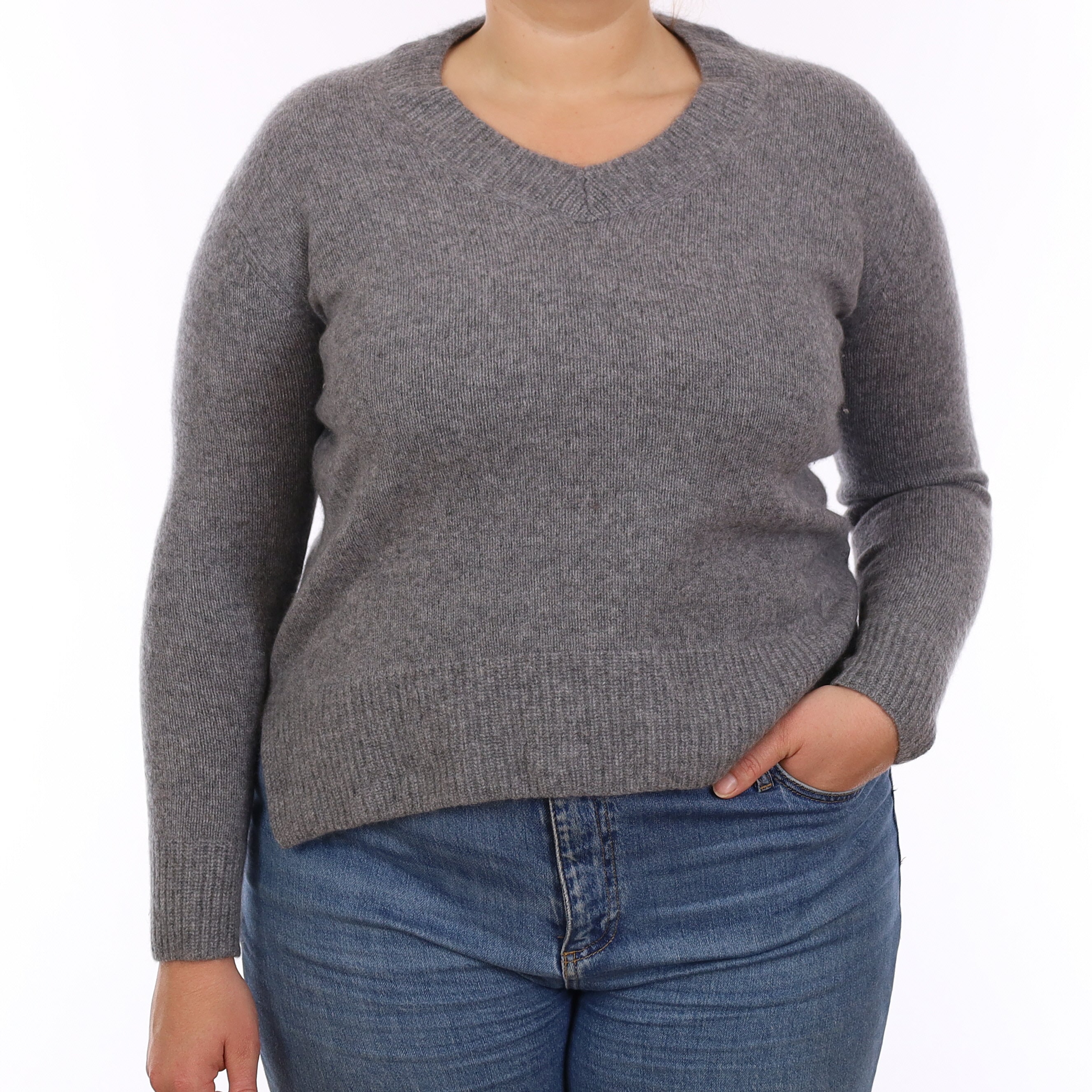 Ash Grey Cashmere Boxy V Neck Jumper Large