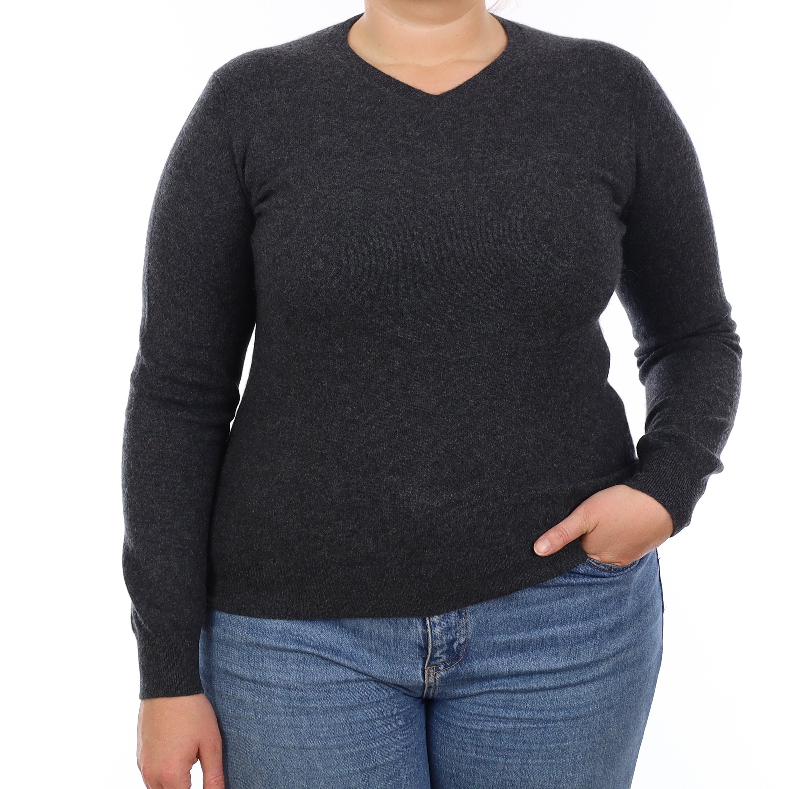 Charcoal Grey Cashmere V Neck Jumper Large