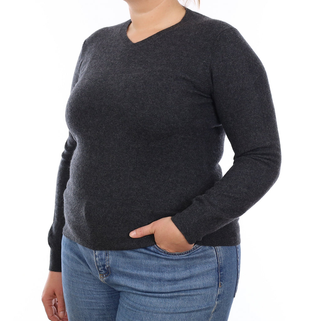 Charcoal Grey Cashmere V Neck Jumper Large