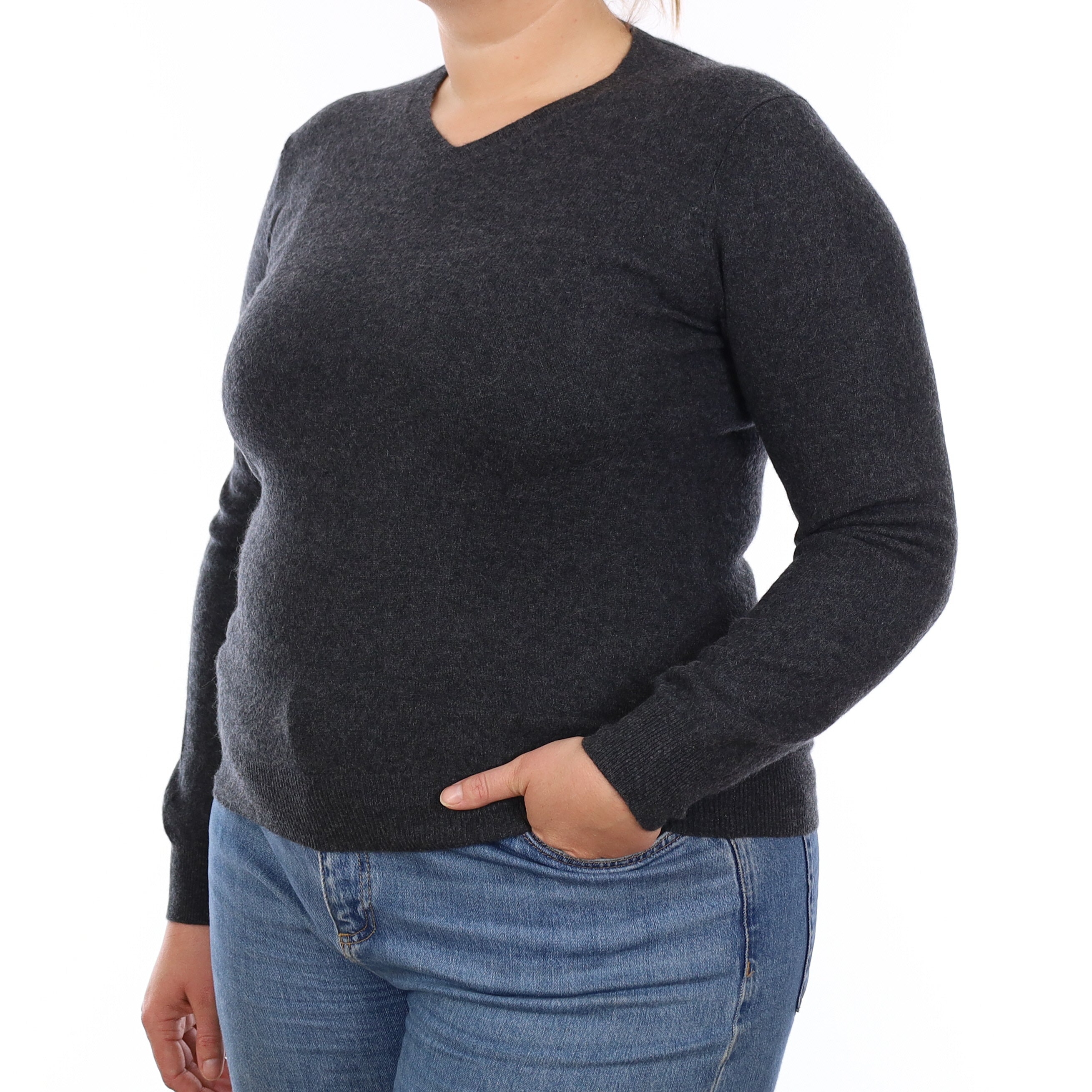 Charcoal Grey Cashmere V Neck Jumper Large