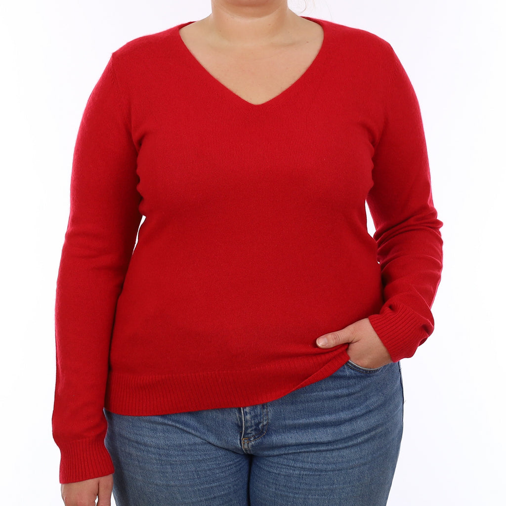 Berry Red Cashmere V Neck Jumper Large