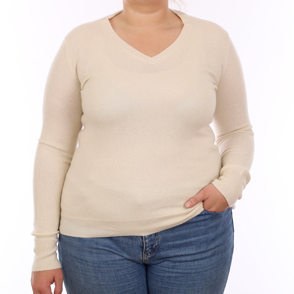 Ivory Cashmere V Neck Jumper Large