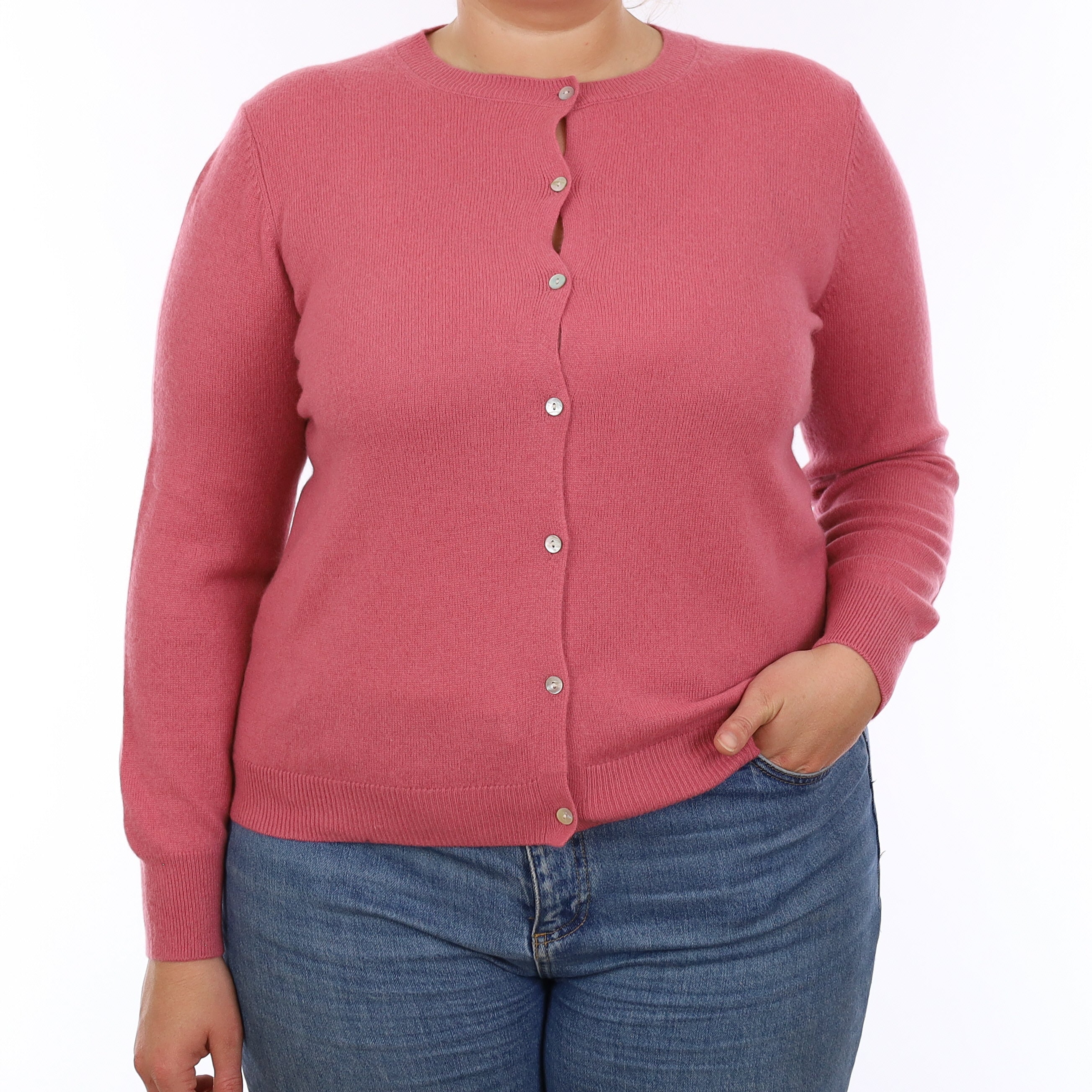 Loganberry Pink Cashmere Crew Neck Cardigan Large