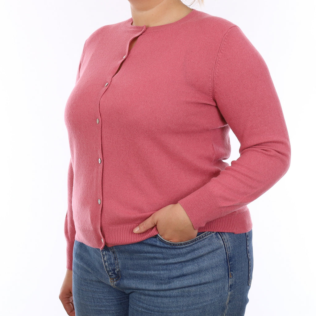 Loganberry Pink Cashmere Crew Neck Cardigan Large